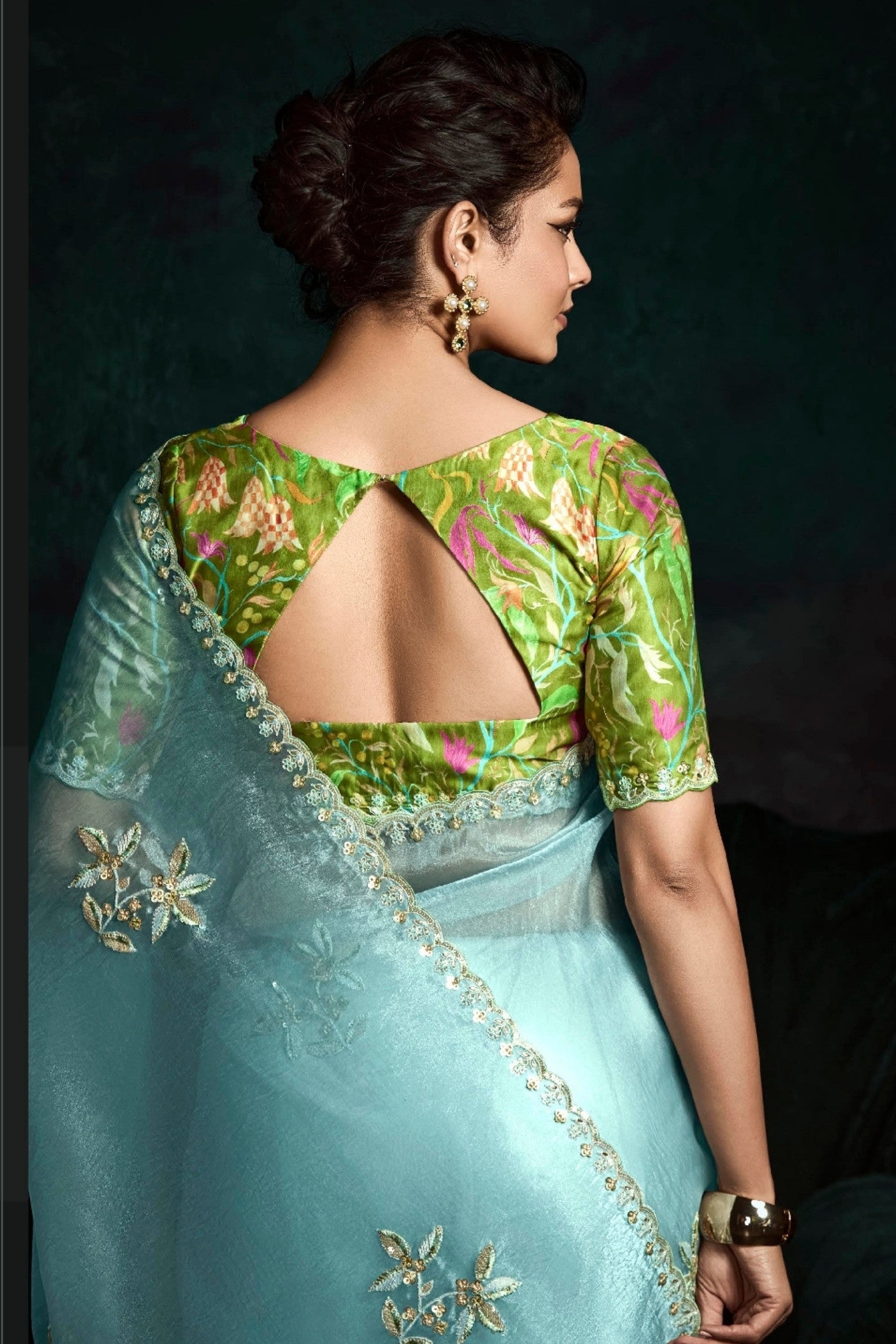 Buy MySilkLove Smalt Blue Embroidered Tissue Designer Saree Online