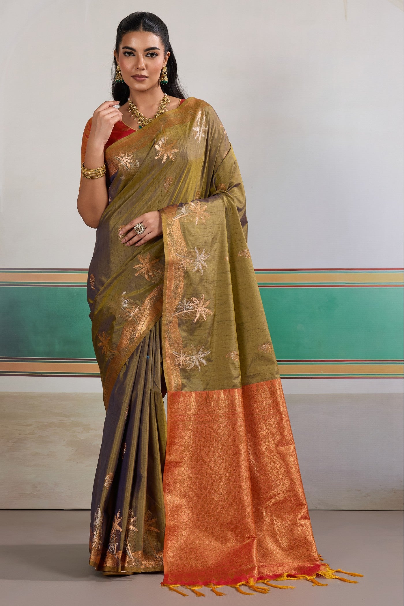 Buy MySilkLove Dust Green Banarasi Handloom Tussar Saree Online