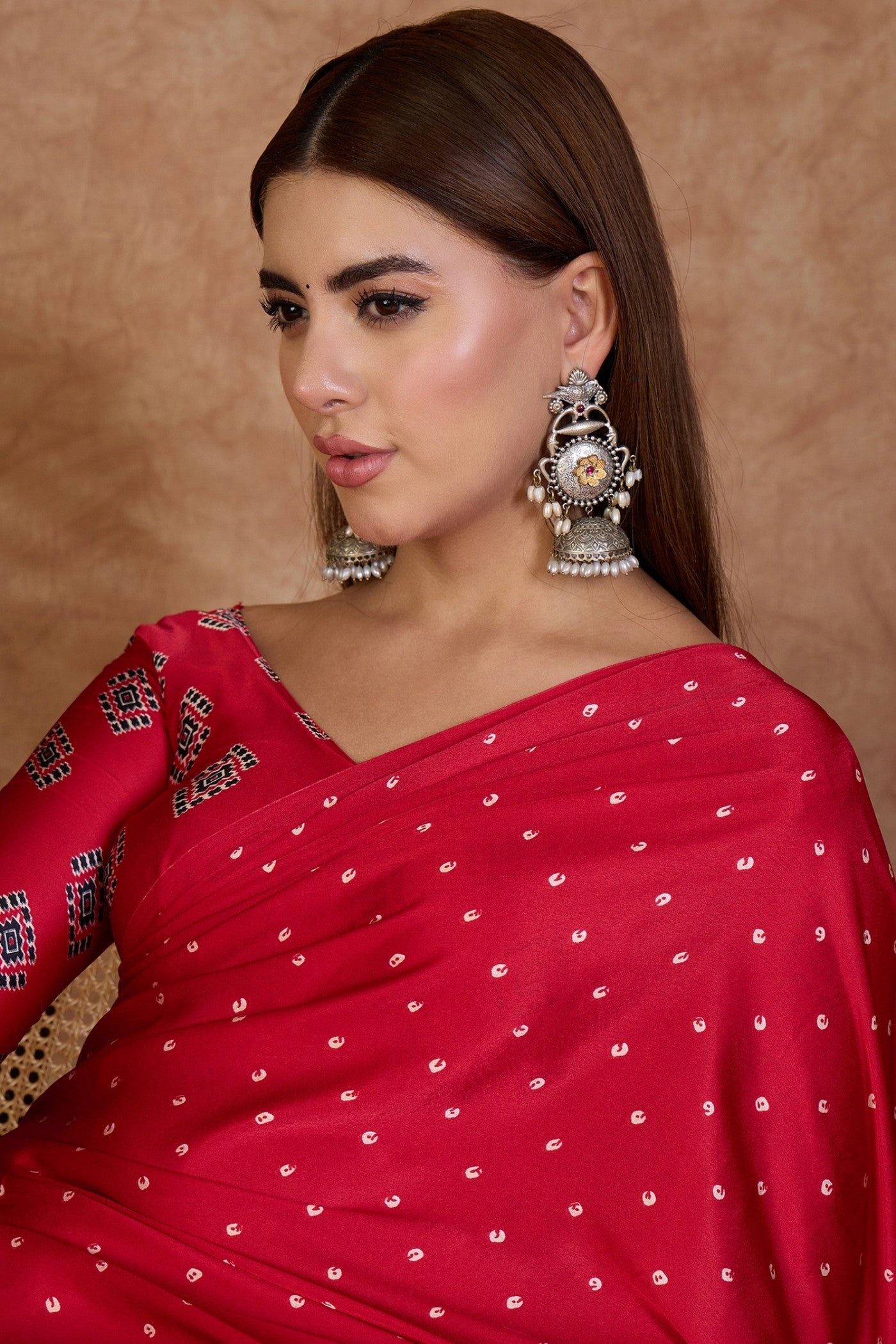 MySilkLove Barn Red Ajrakh Printed Satin Crepe Silk Saree