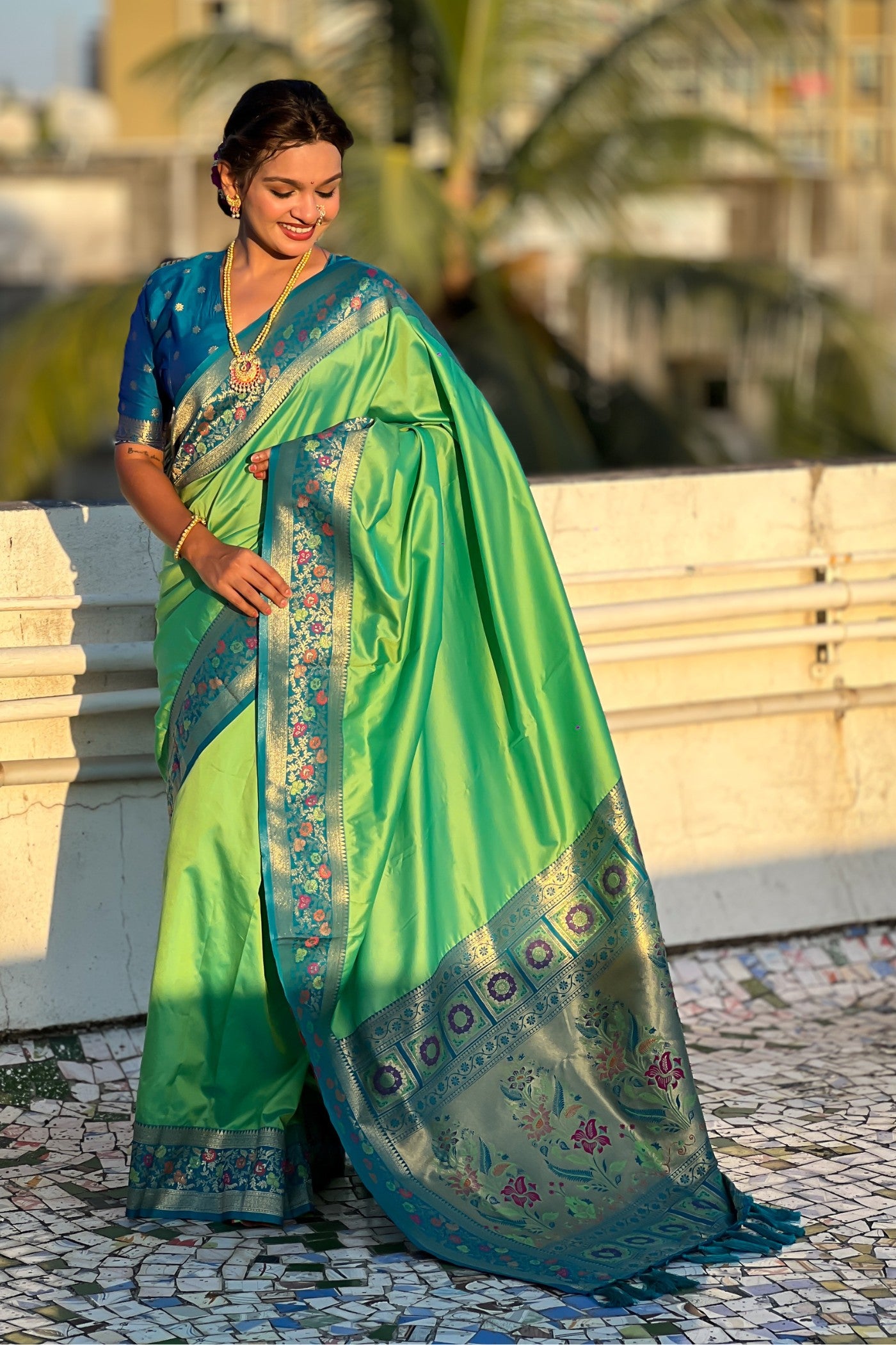 MySilkLove Conifer Green and Blue Zari Woven Paithani Saree