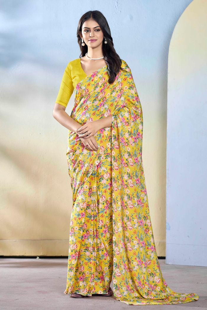 Buy MySilkLove Hazel Yellow Ready To Wear Georgette Saree Online