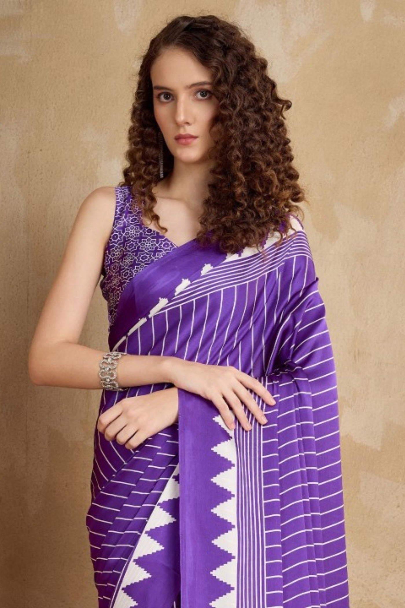 Buy MySilkLove Ferra Purple Ajrakh Printed Satin Crepe Silk Saree Online