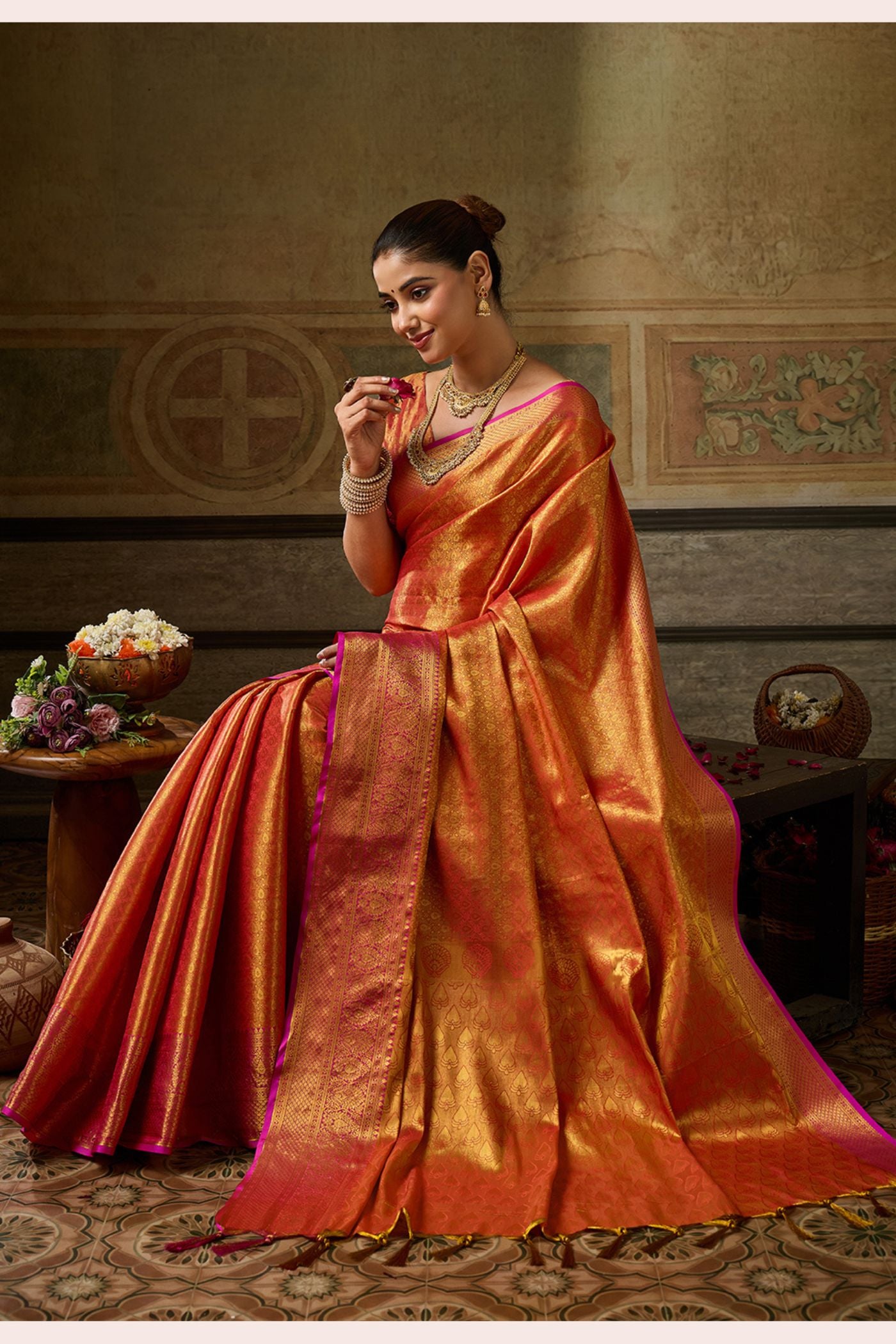 MySilkLove Papaya Orange Woven Kanjivaram Saree