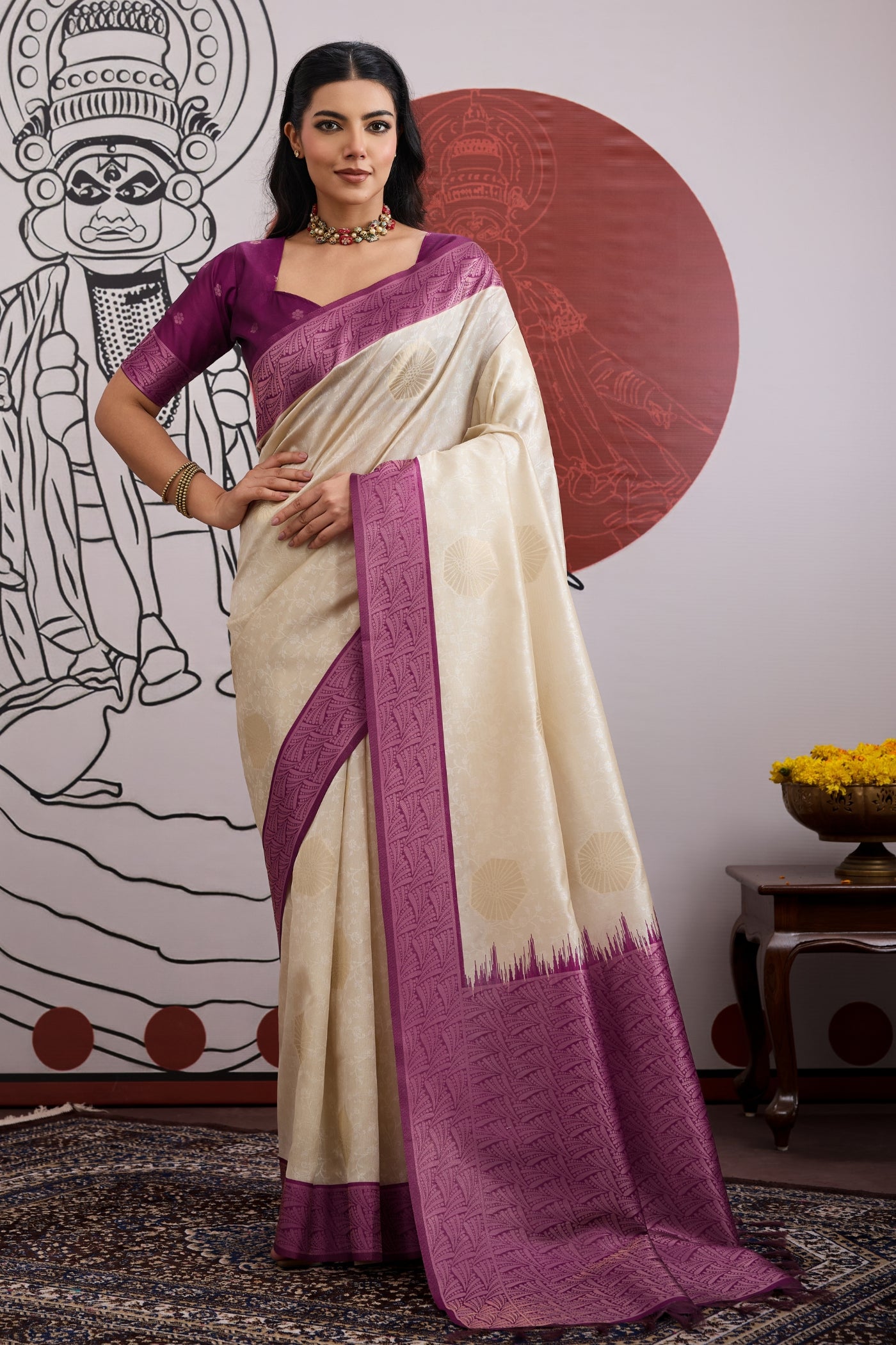 Buy MySilkLove Egg Nog Cream and Purple Handloom South Silk Saree Online