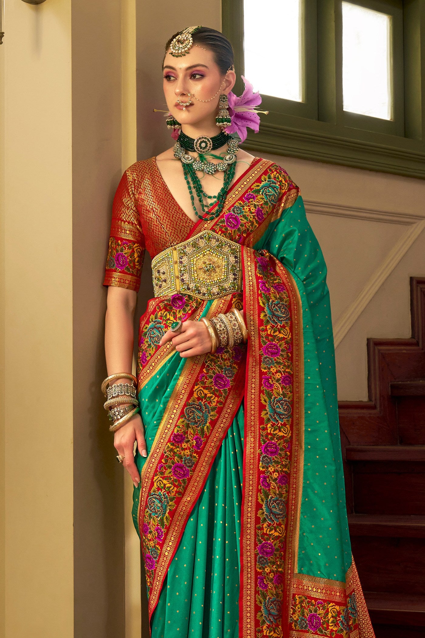 Buy MySilkLove Jewel Green Printed Banarasi Saree Online