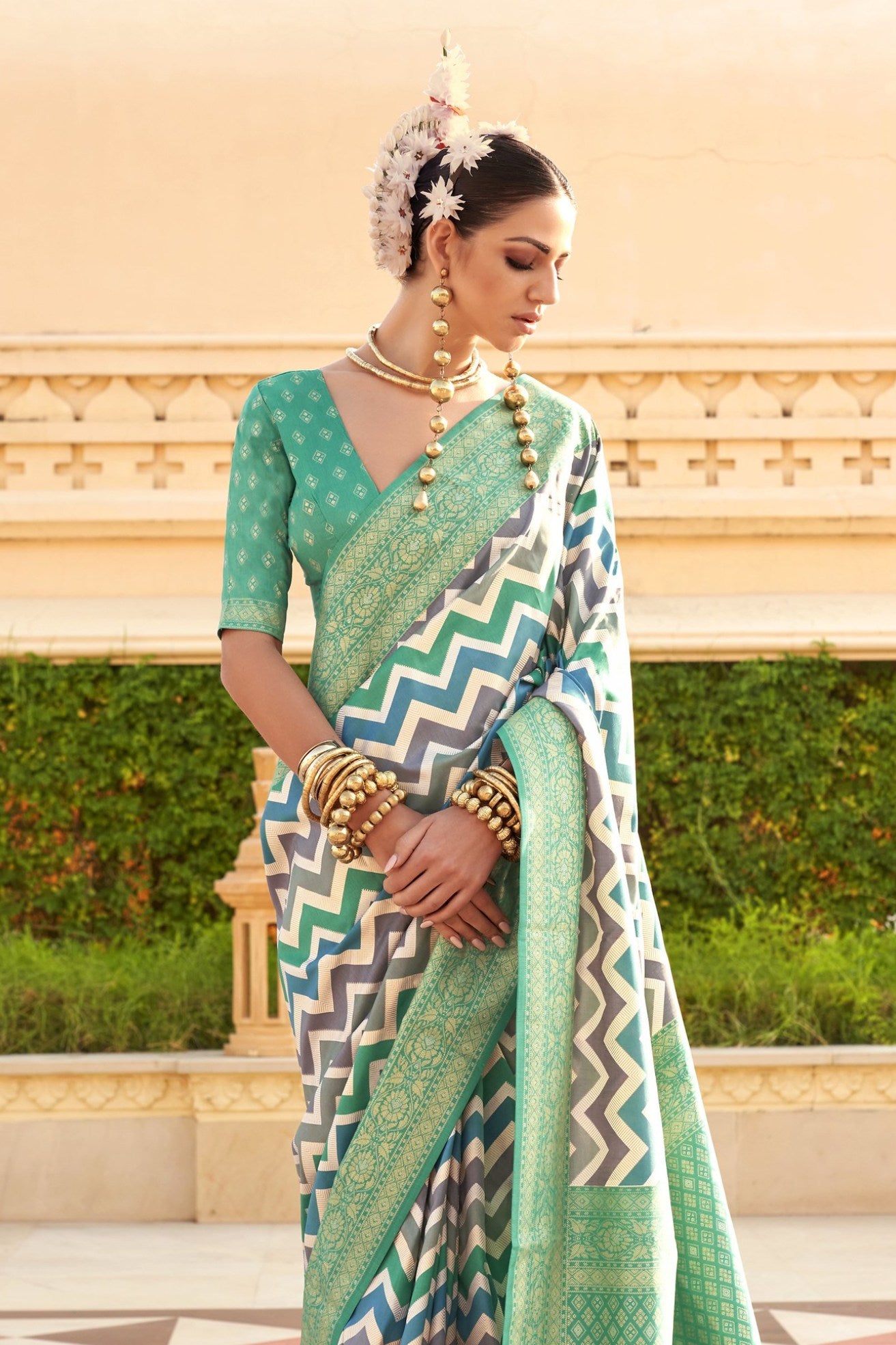 Buy MySilkLove Summer Green Woven Patola Printed Silk Saree Online