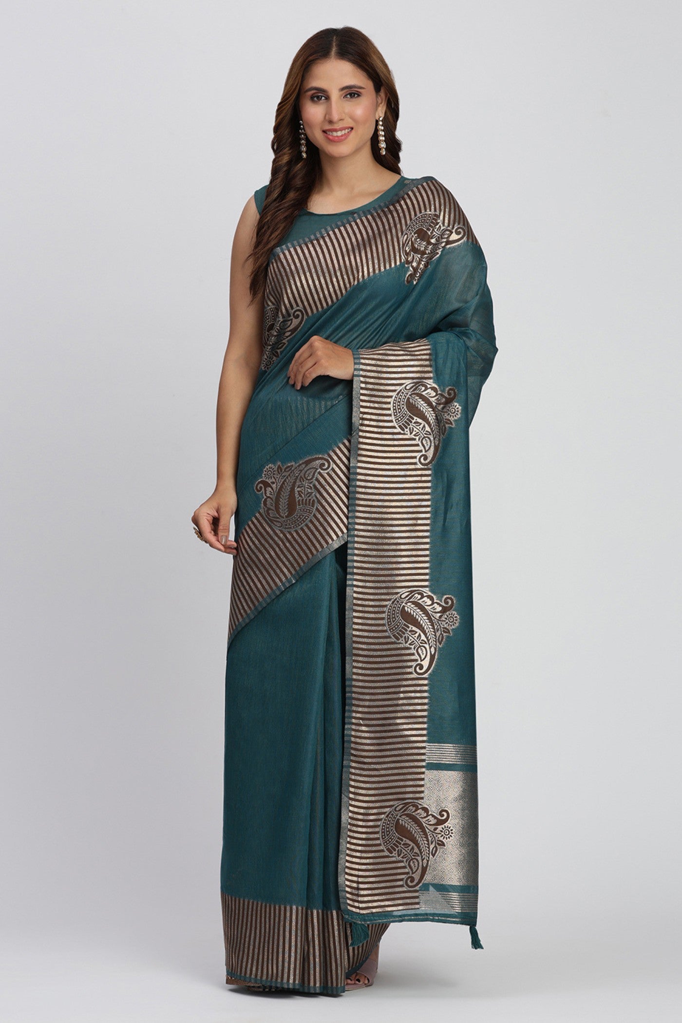 Buy MySilkLove Myrtle Green Woven Linen Cotton Saree Online