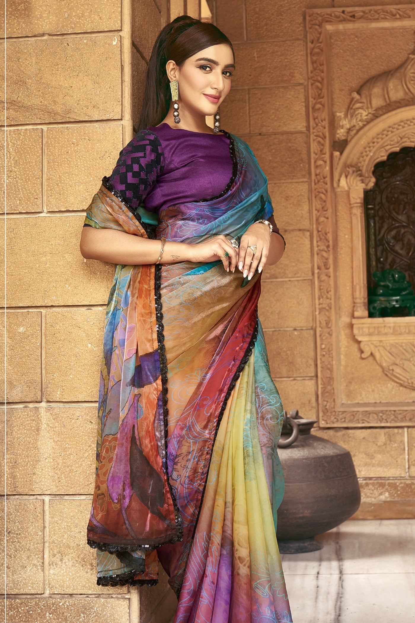 MySilkLove Multicolor Blue Satin Printed Silk Saree