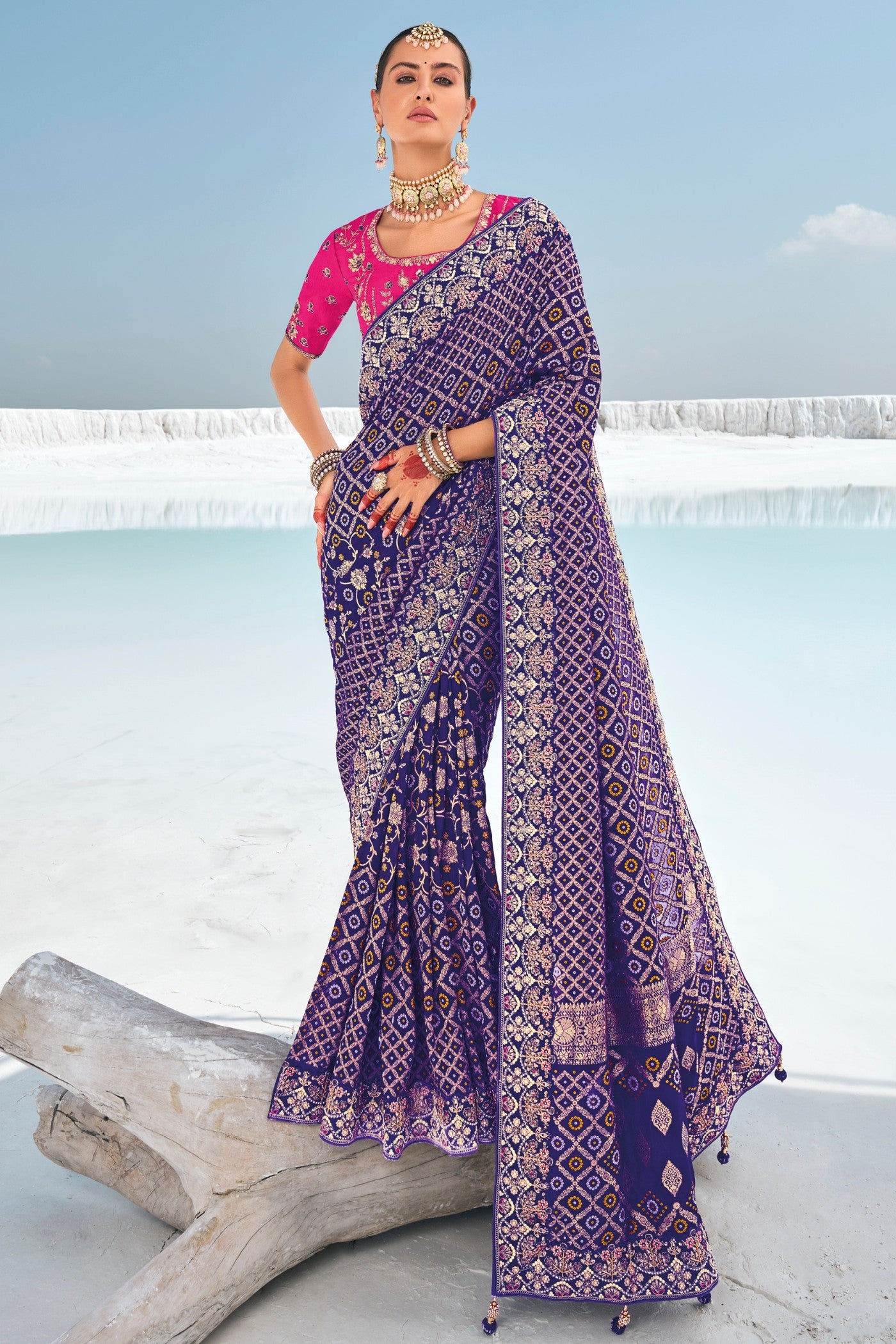 Buy MySilkLove Blue Hibiscus Georgette Patola Saree Online