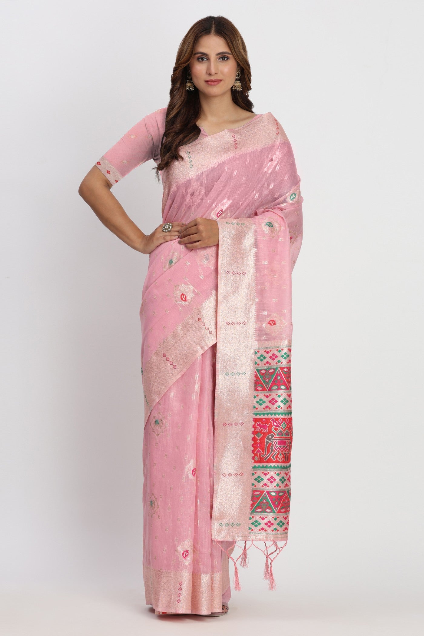 Buy MySilkLove Sea Pink Woven Linen Cotton Saree Online