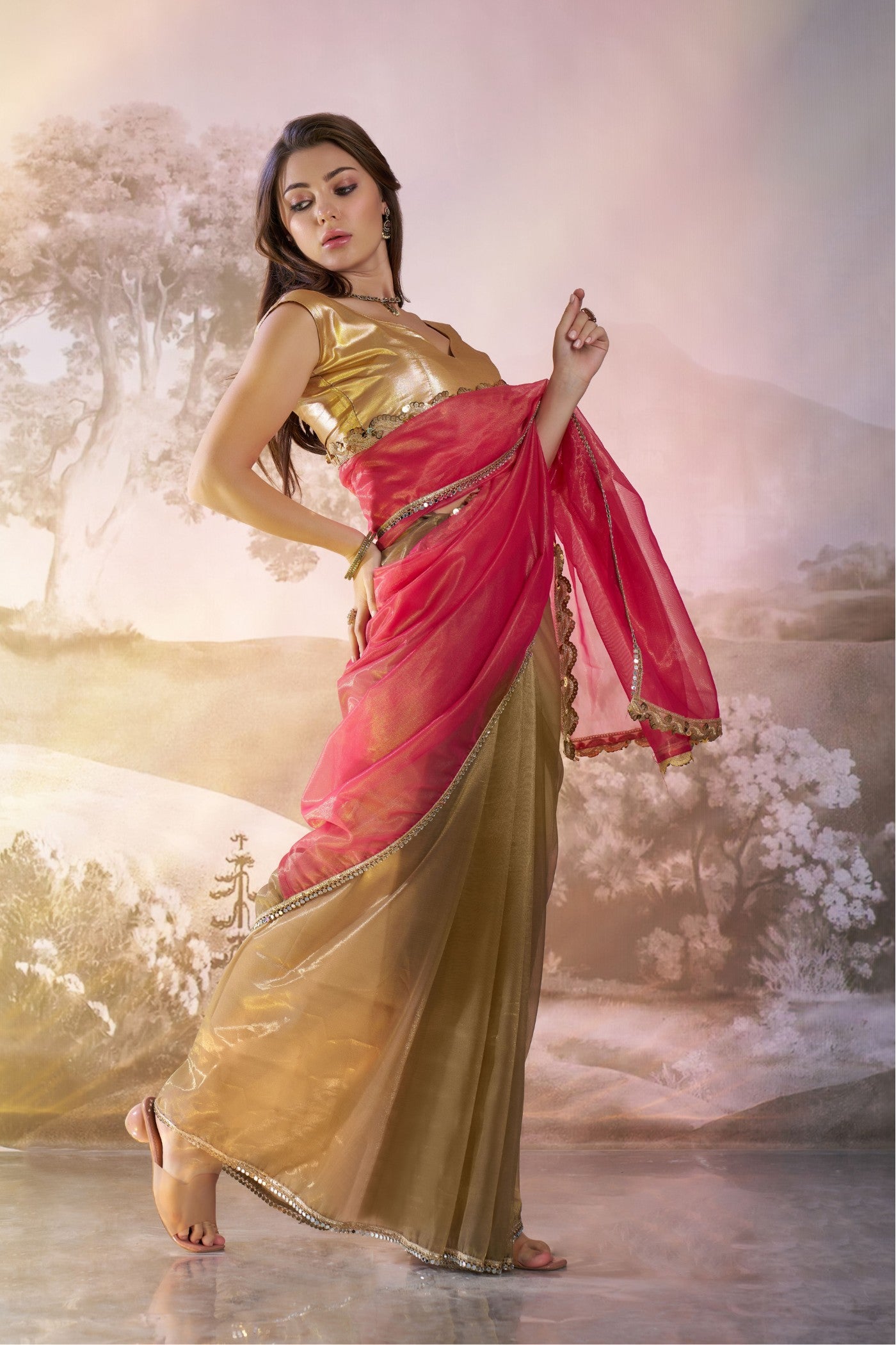 Buy MySilkLove Cardinal Pink and Green Partywear Net Saree Online