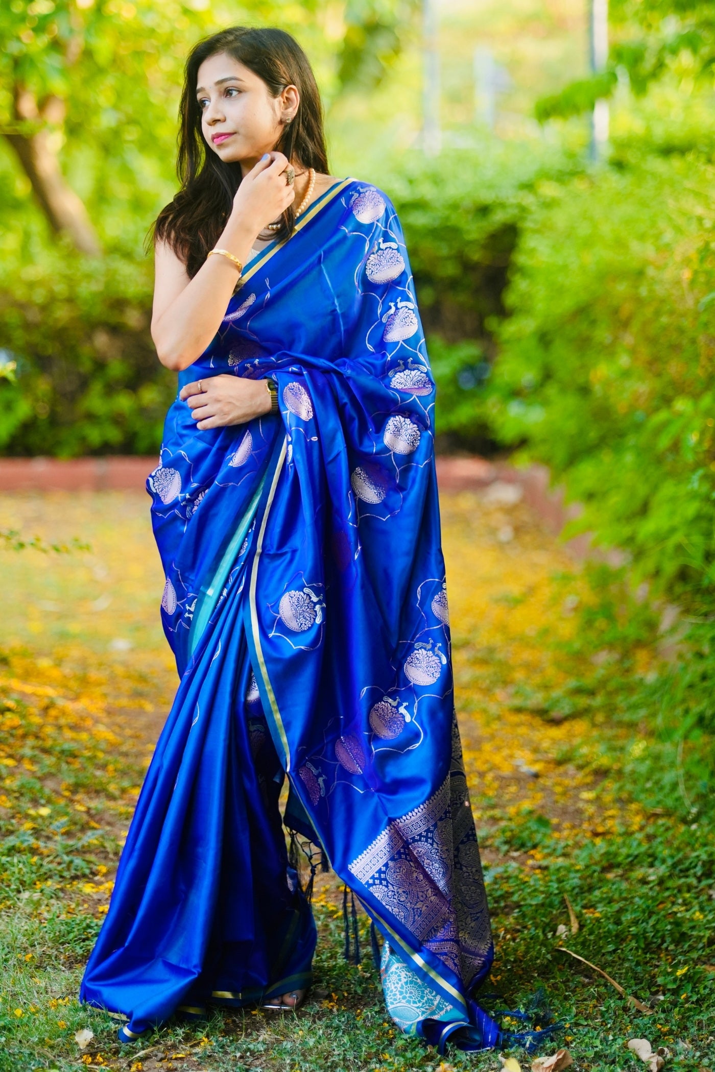 Buy MySilkLove Royal Blue Handloom Satin Silk Saree Online