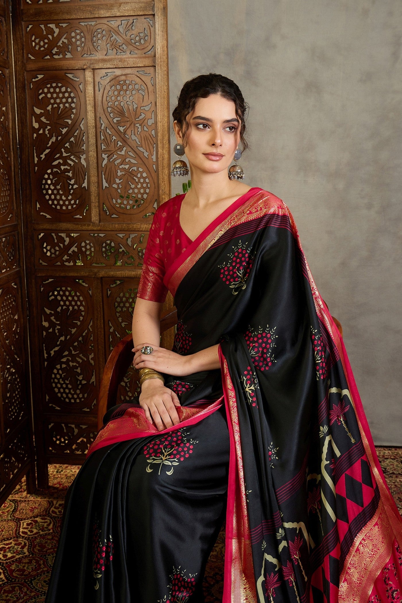 Buy MySilkLove Inked Black and Red Printed Satin Crepe Silk Saree Online