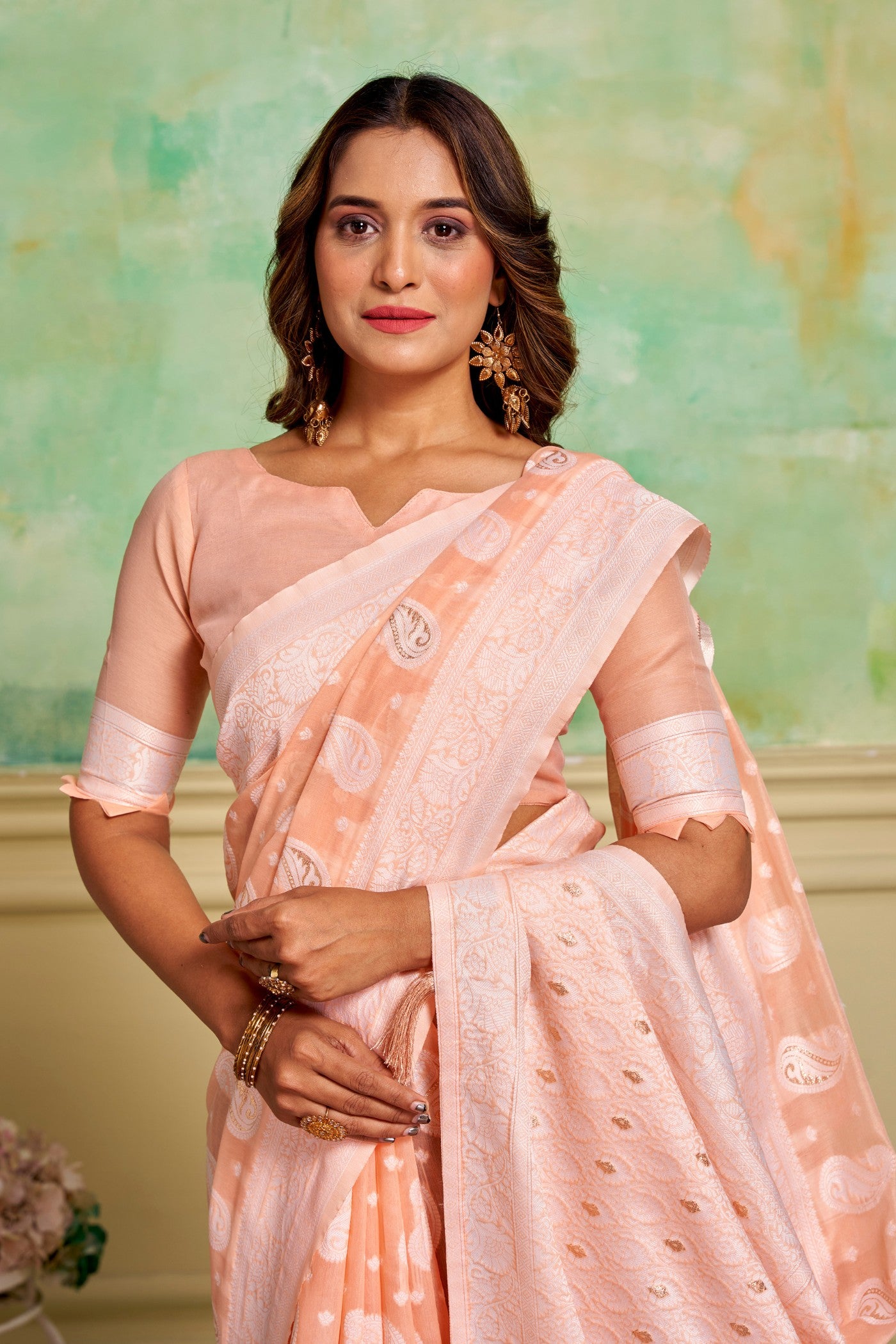 Buy MySilkLove Posy Peach Woven Cotton Saree Online