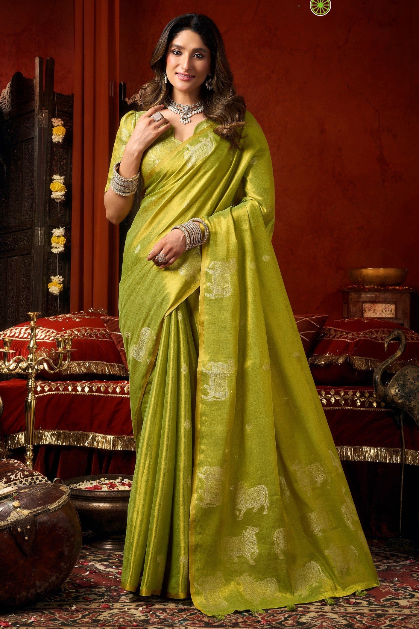 Buy MySilkLove Alien Green Handloom Tissue Saree Online