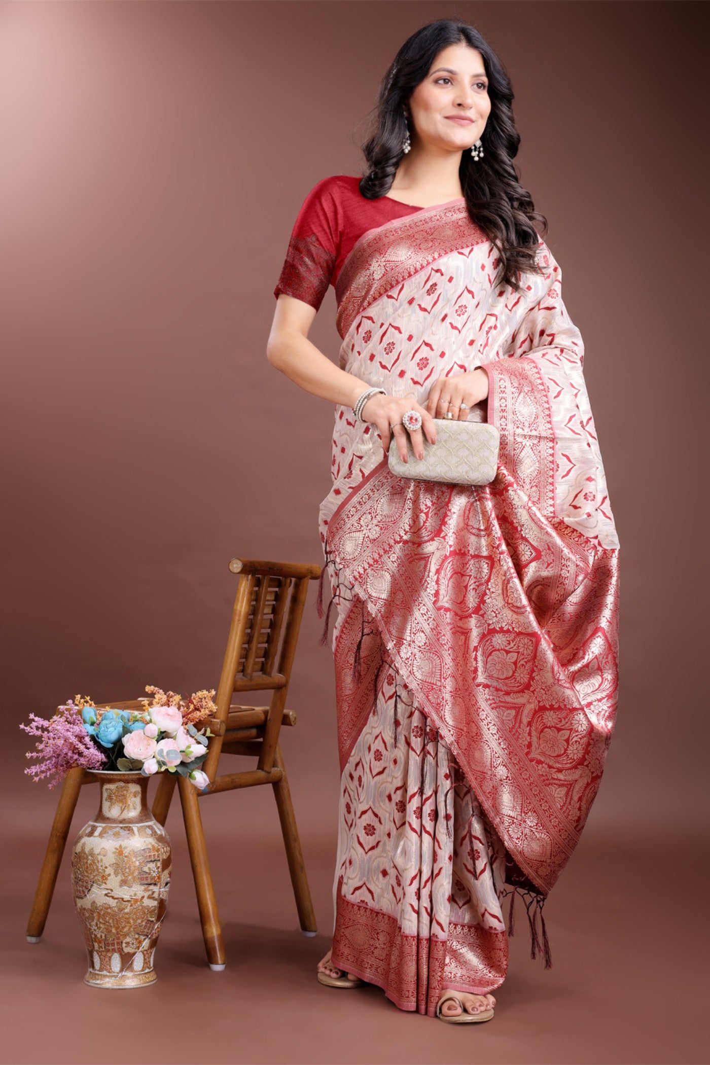 MySilkLove Ruby Red and White Linen Cotton Saree