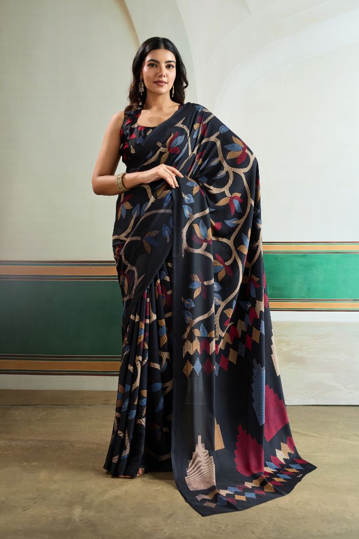 Buy MySilkLove Ink Black Modal Ajrakh Printed Satin Silk Saree Online