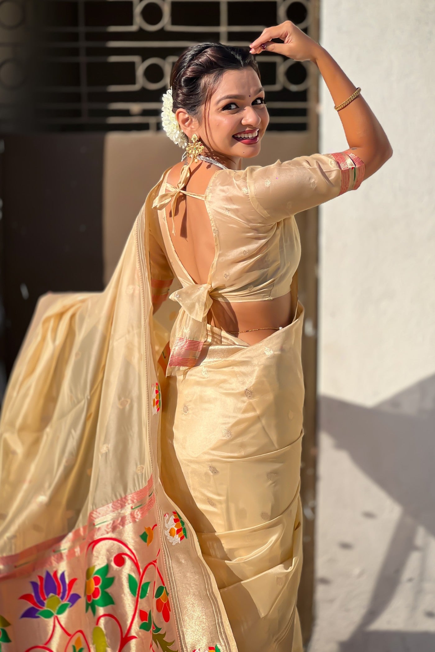 Buy MySilkLove Classic Cream Organza Woven Paithani Saree Online