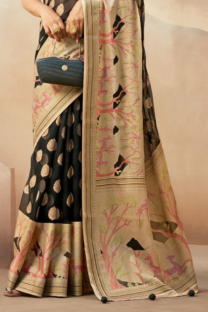 Buy MySilkLove Coco Black Woven Georgette saree Online