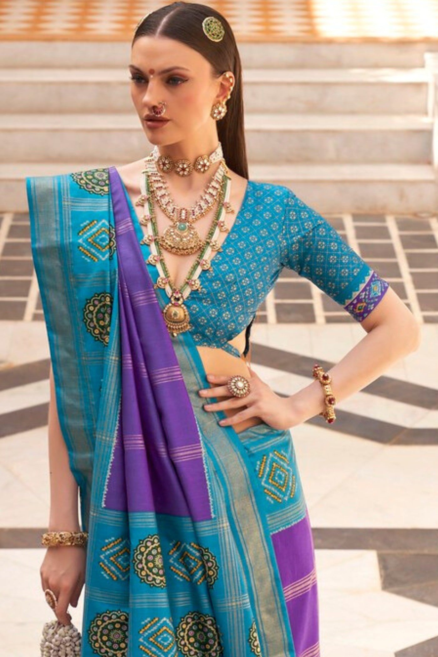 Buy MySilkLove Crocus Purple and Blue Printed Patola Saree Online