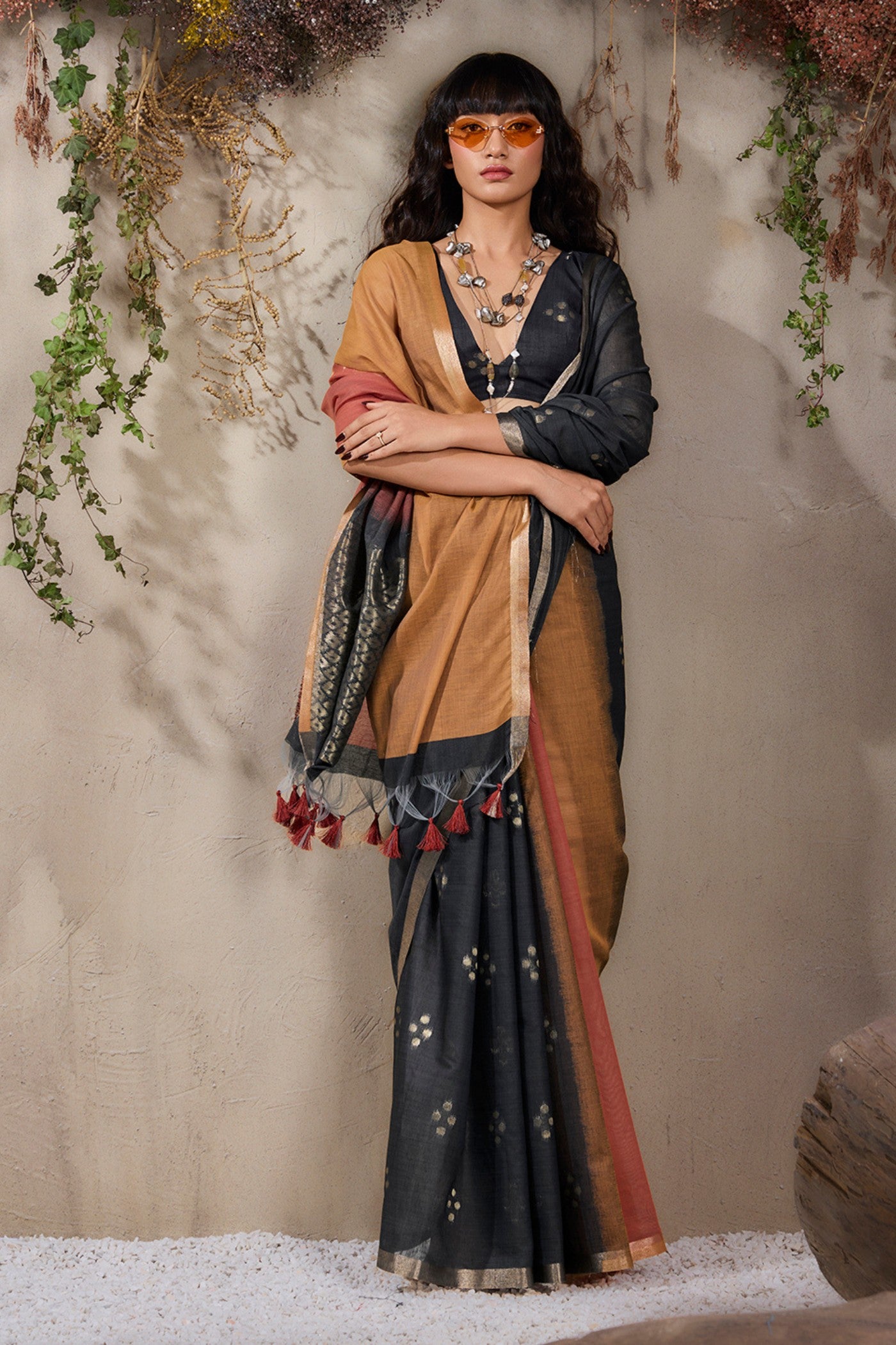 Buy MySilkLove Imperial Black and Yellow Handloom Cotton Saree Online