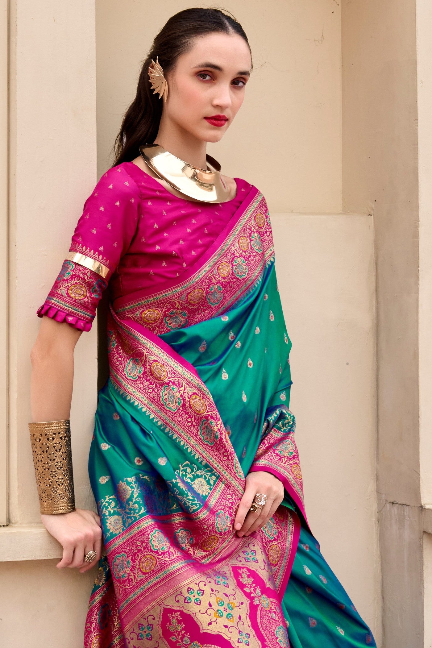 Buy MySilkLove Greenish Cyan Woven Banarasi Saree Online