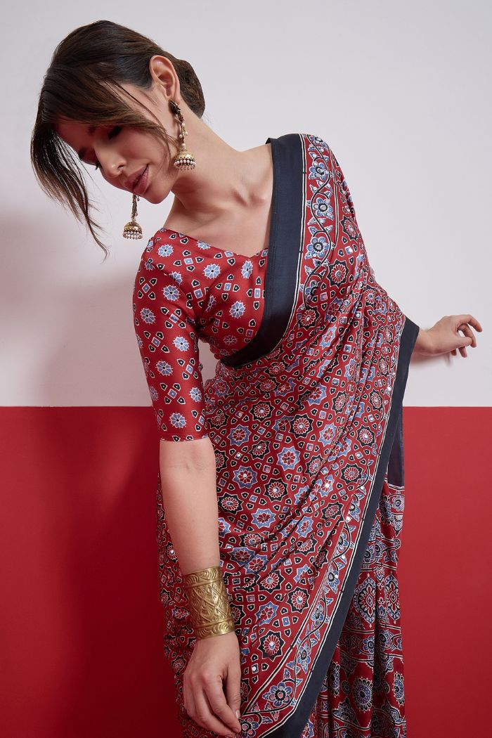Buy MySilkLove Burgundy Maroon Modal Ajrakh Satin Printed Mirror Work Saree Online