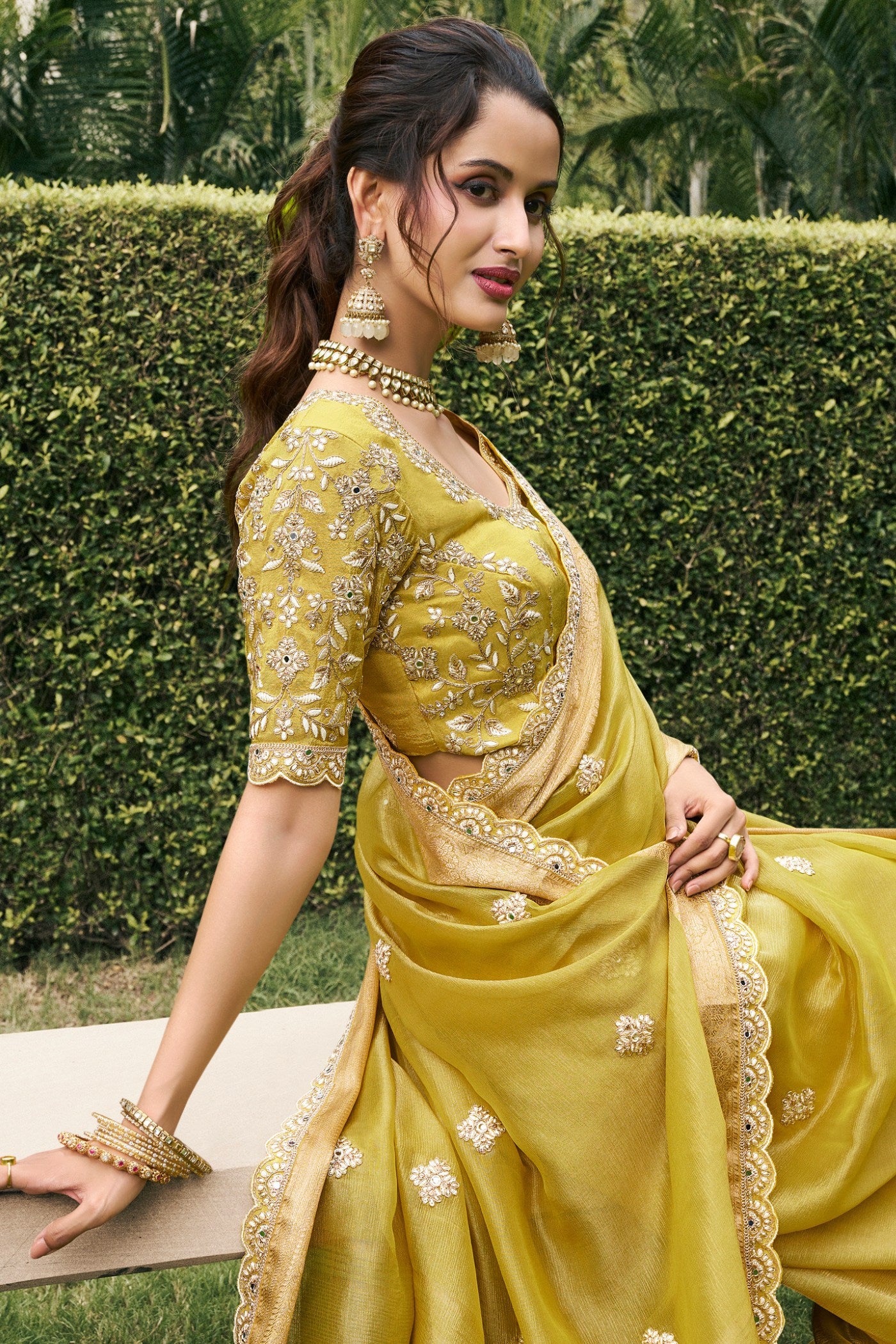 Buy MySilkLove Tussock Yellow Banarasi Designer Embroidered Saree Online