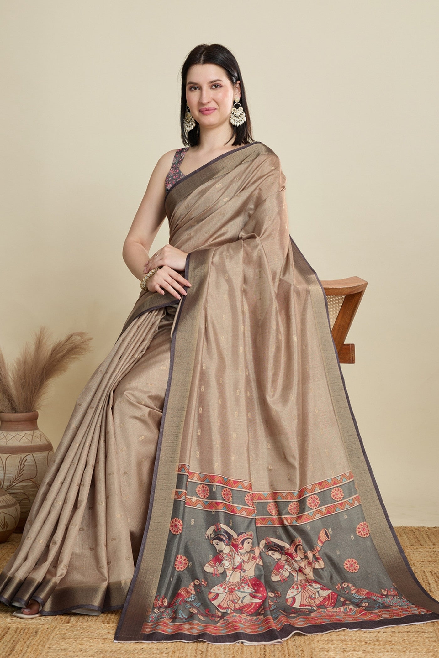 MySilkLove Buff Brown Woven Cotton Saree