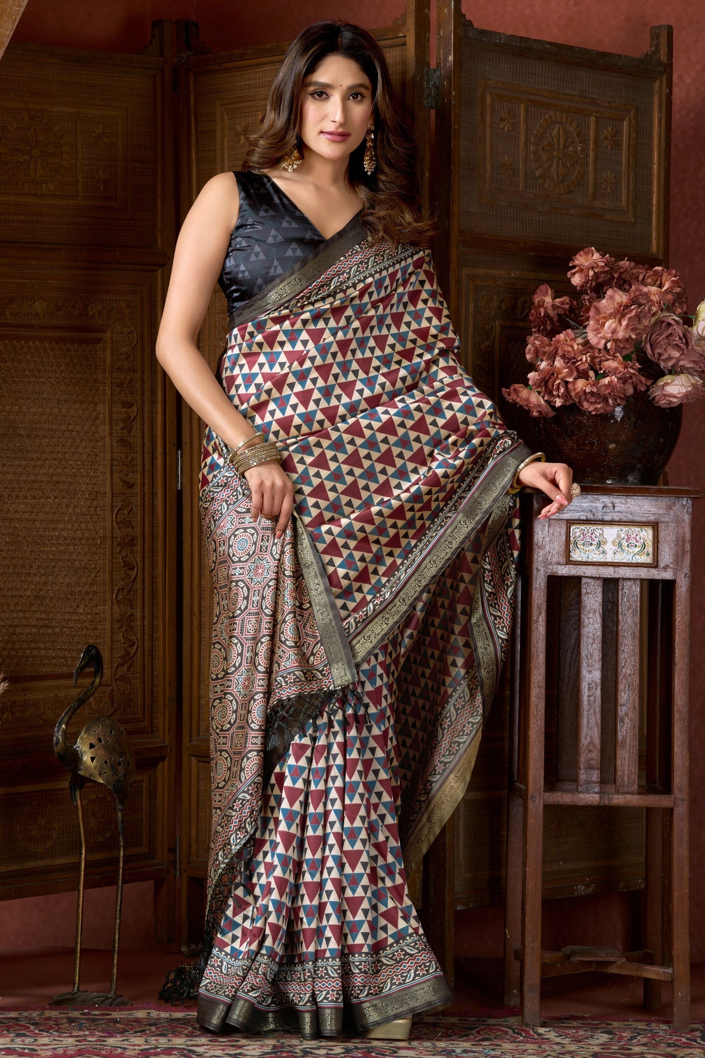 Buy MySilkLove Multicolor White Ajrakh Printed Saree Online