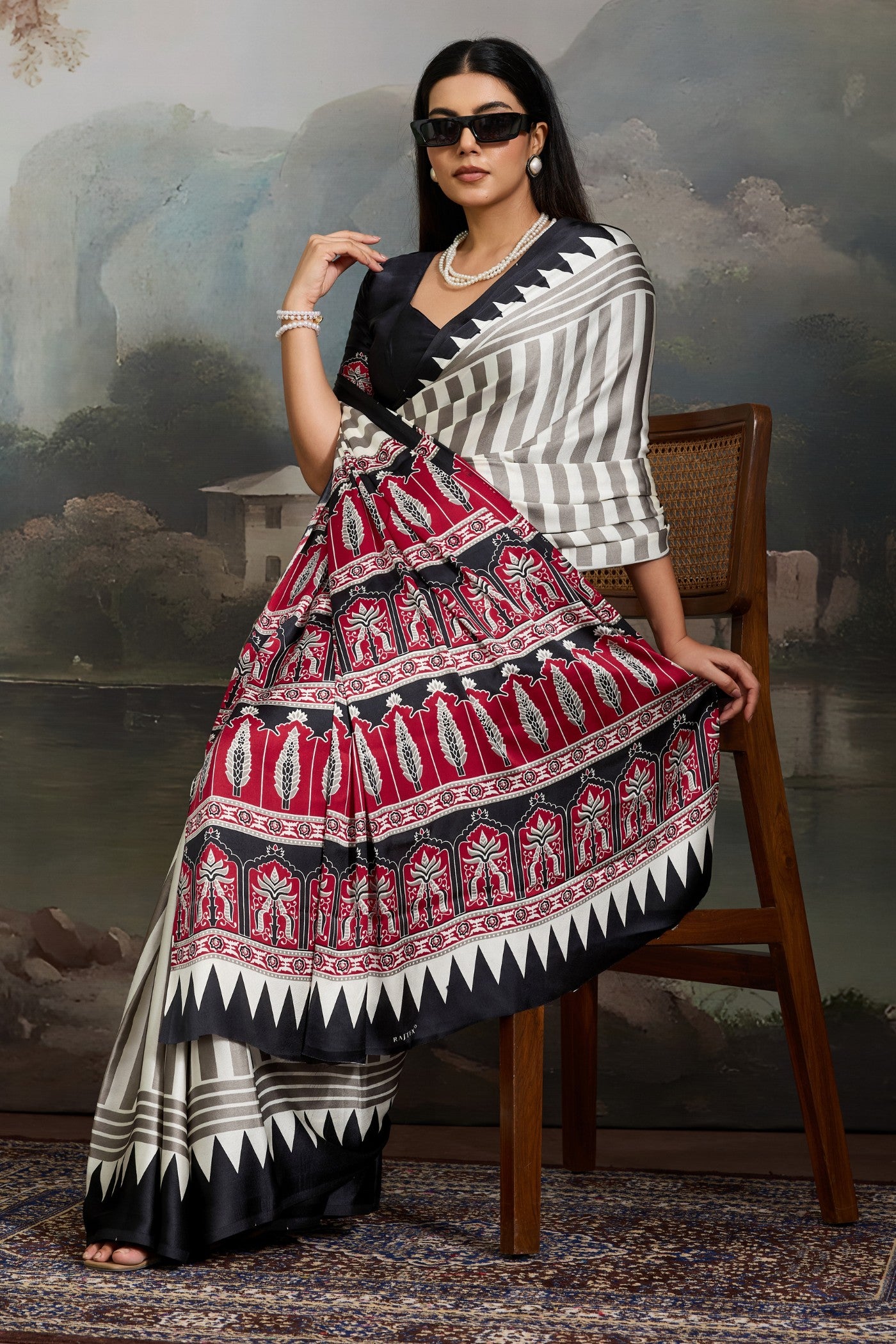 Buy MySilkLove Cornsilk White and Black Ajrakh Printed Satin Crepe Silk Saree Online