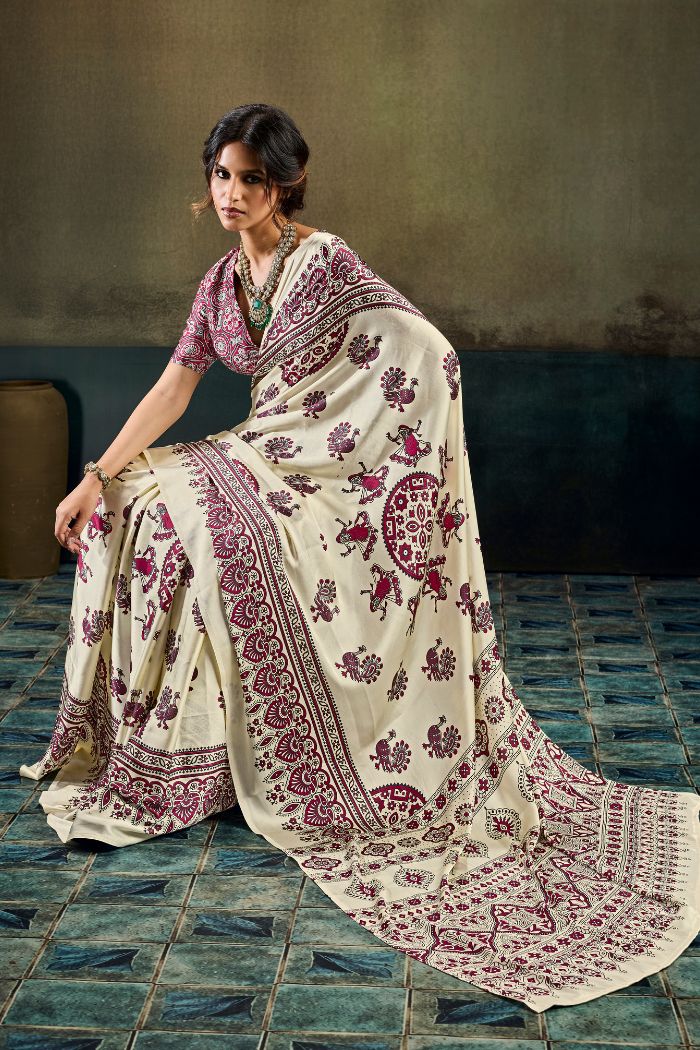 Buy MySilkLove Coconut Cream Modal Ajrakh Satin Printed Silk Saree Online