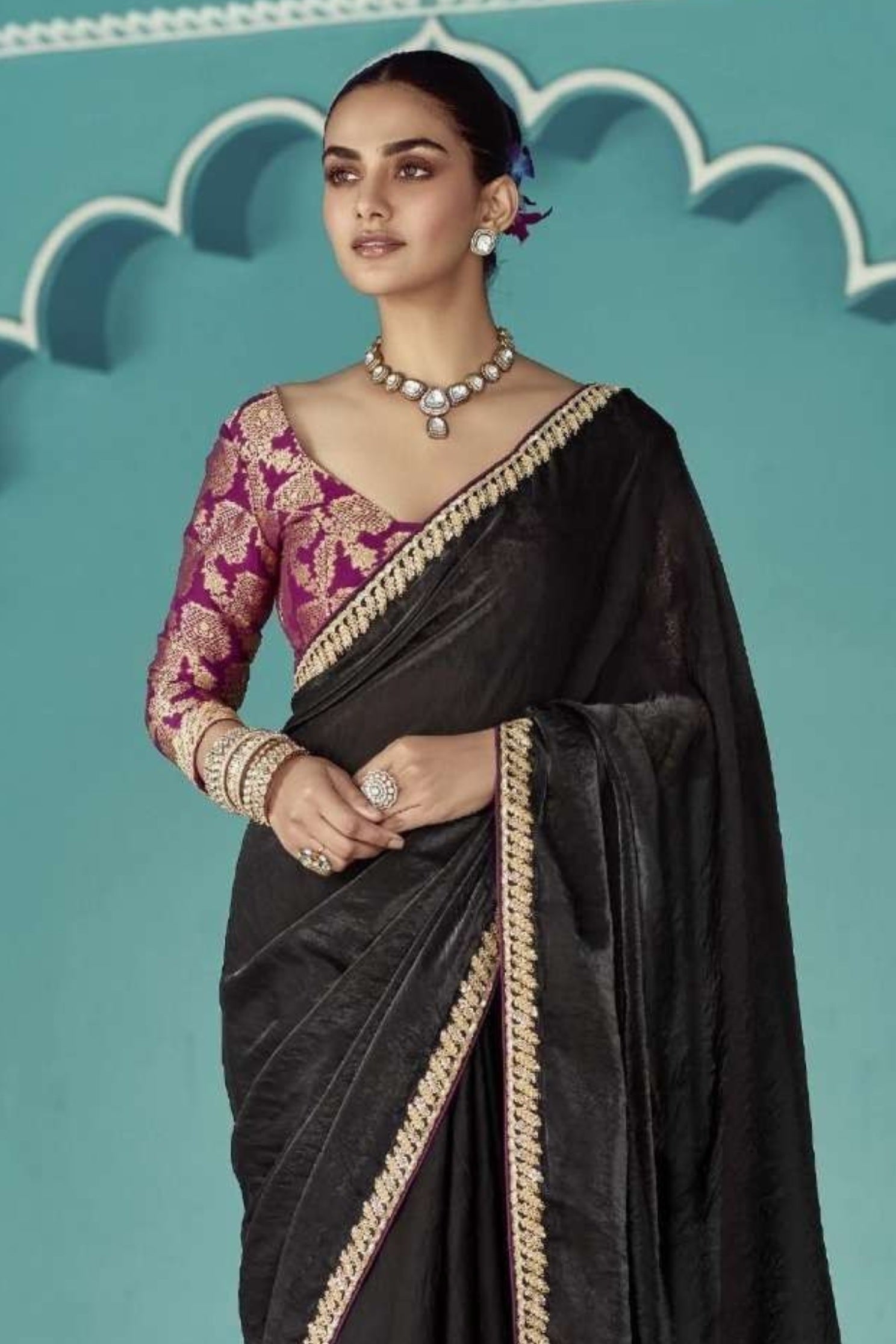 MySilkLove Gunmetal Black Embroidered Tissue Designer Saree