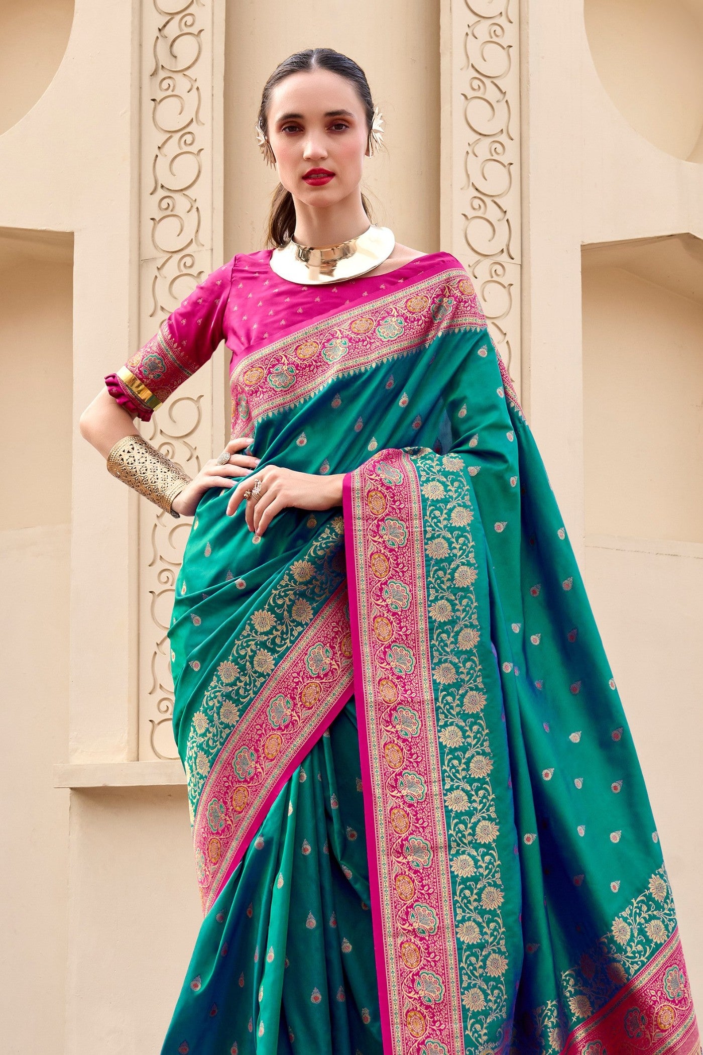 Buy MySilkLove Greenish Cyan Woven Banarasi Saree Online