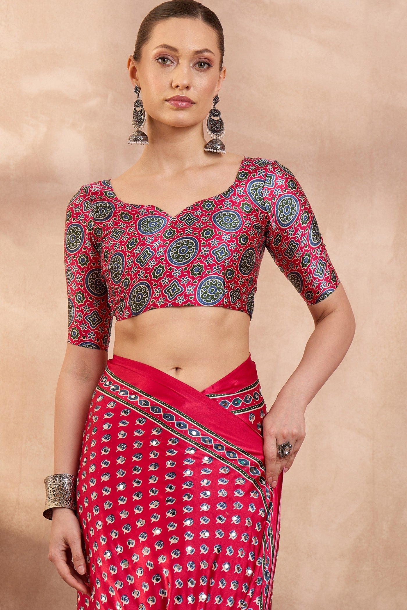 Buy MySilkLove Barn Red Modal Ajrakh Satin Printed Silk Saree Online