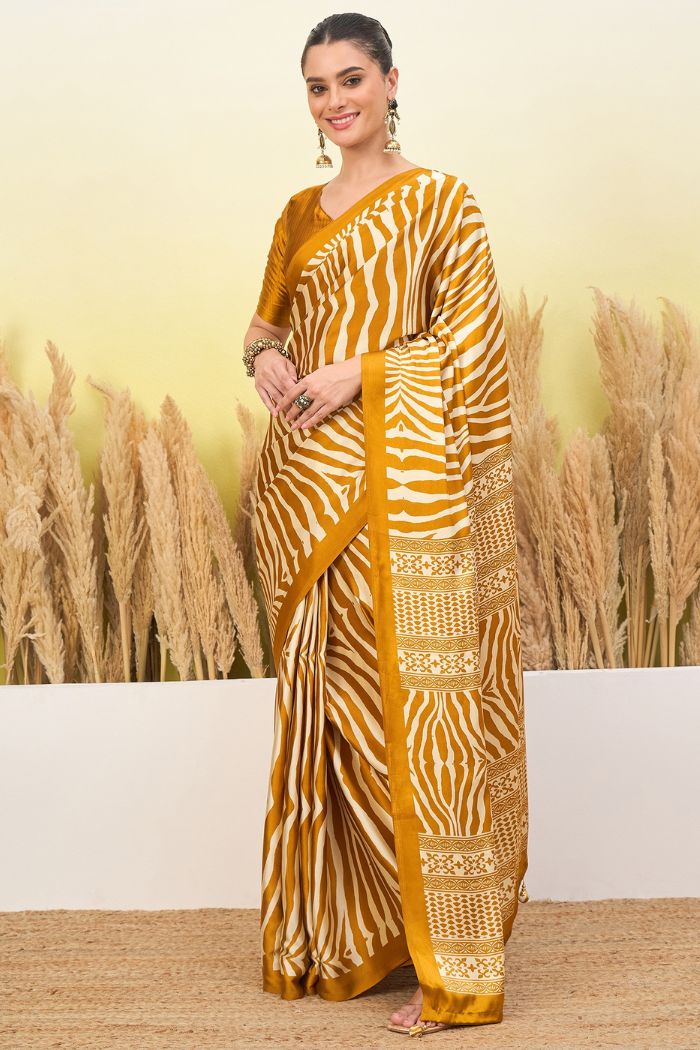 Buy MySilkLove Mustard Yellow Modal Ajrakh Satin Printed Silk Saree Online