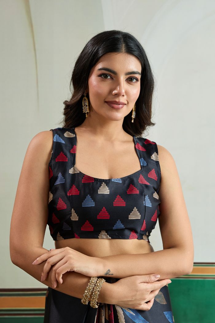 Buy MySilkLove Ink Black Modal Ajrakh Printed Satin Silk Saree Online