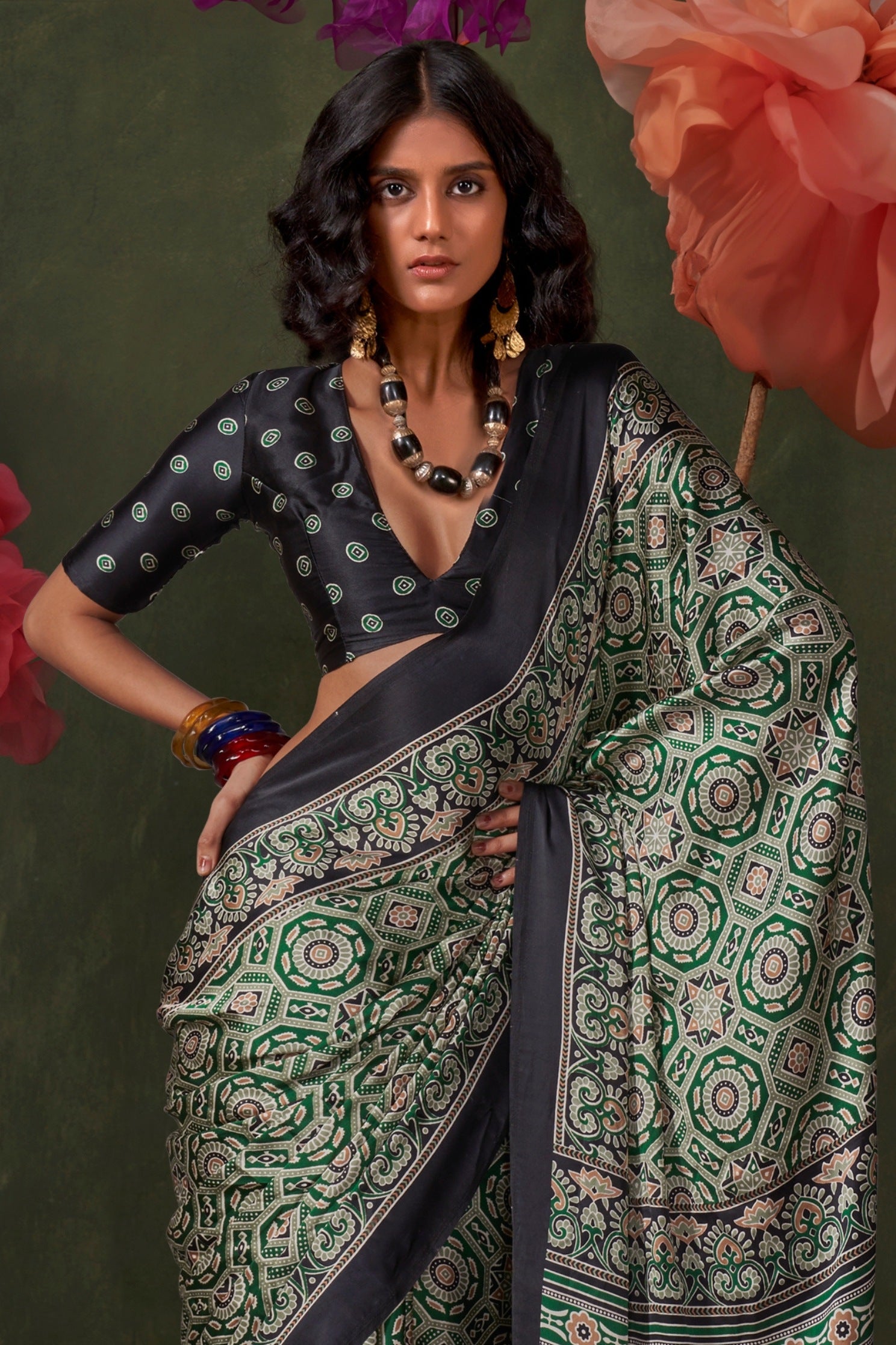 Buy MySilkLove Castleton Green Ajrakh Printed Satin Crepe Silk Saree Online