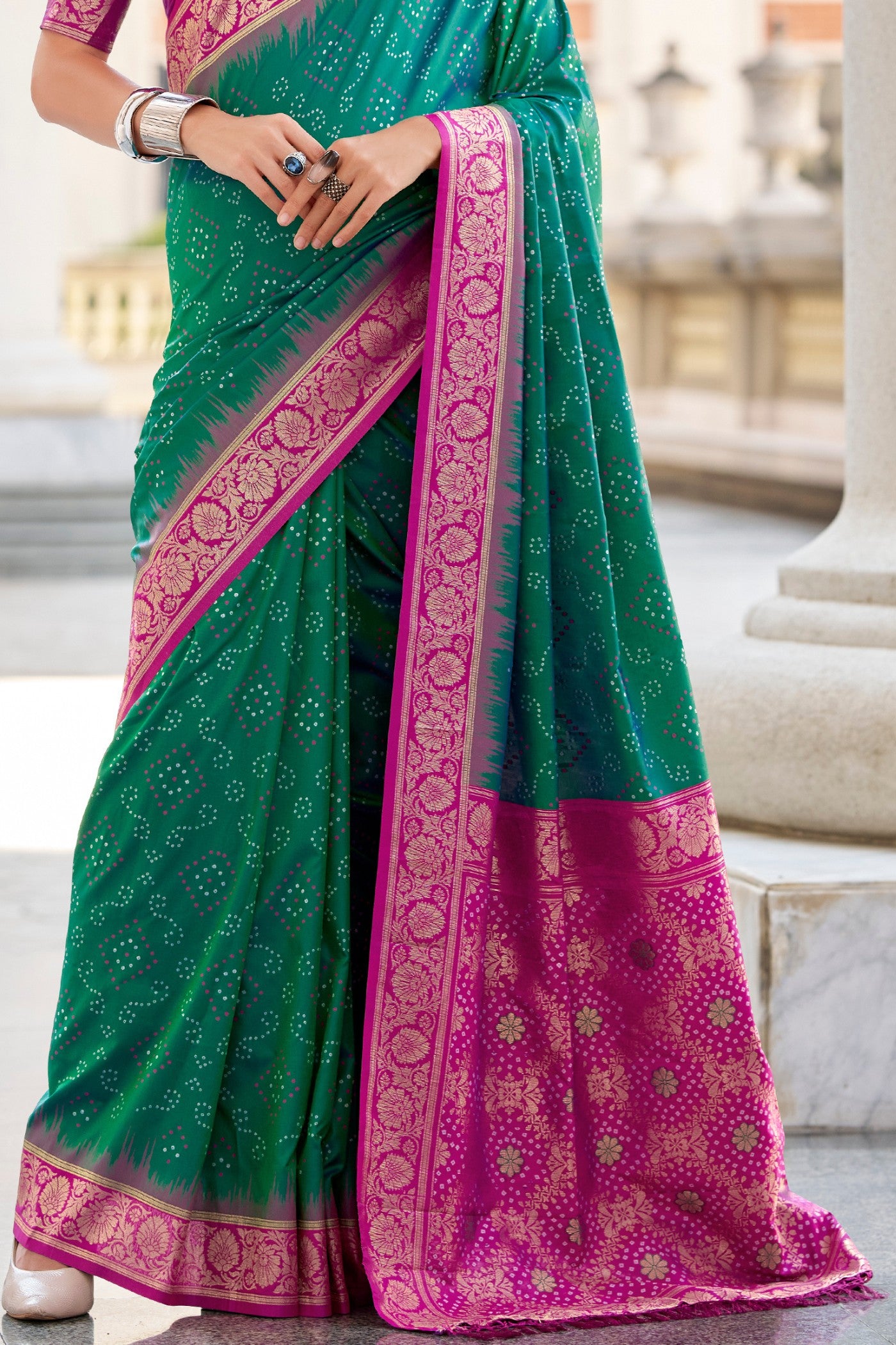 Buy MySilkLove Eucalyptus Green Woven Banarasi Bandhani Soft Silk Saree Online