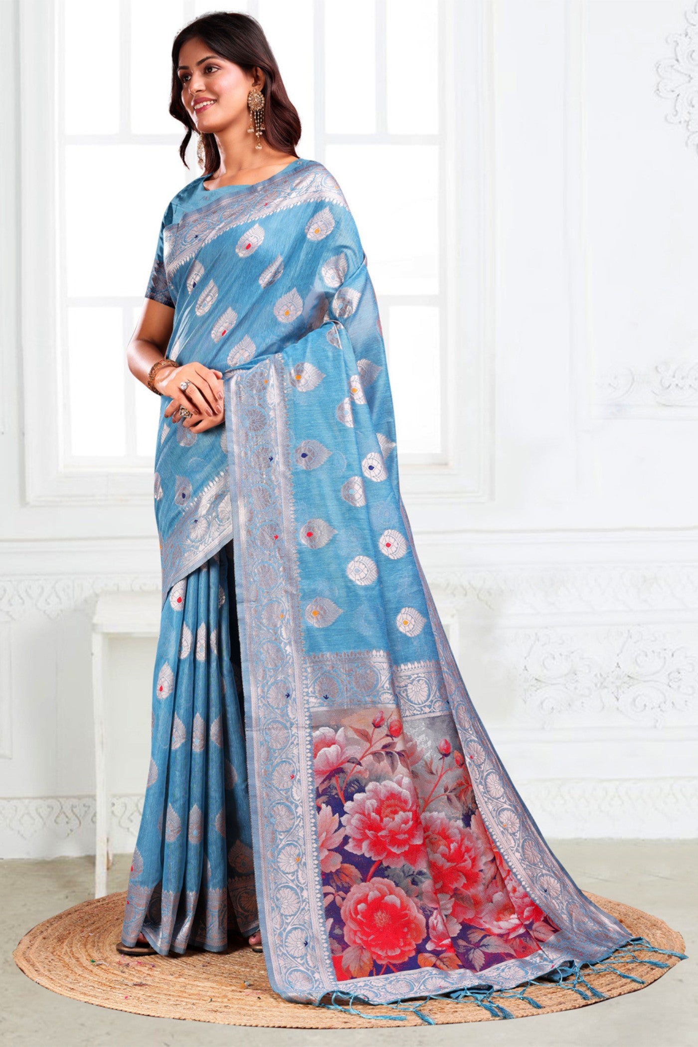 Buy MySilkLove Swiming Blue Woven Linen Cotton Saree Online