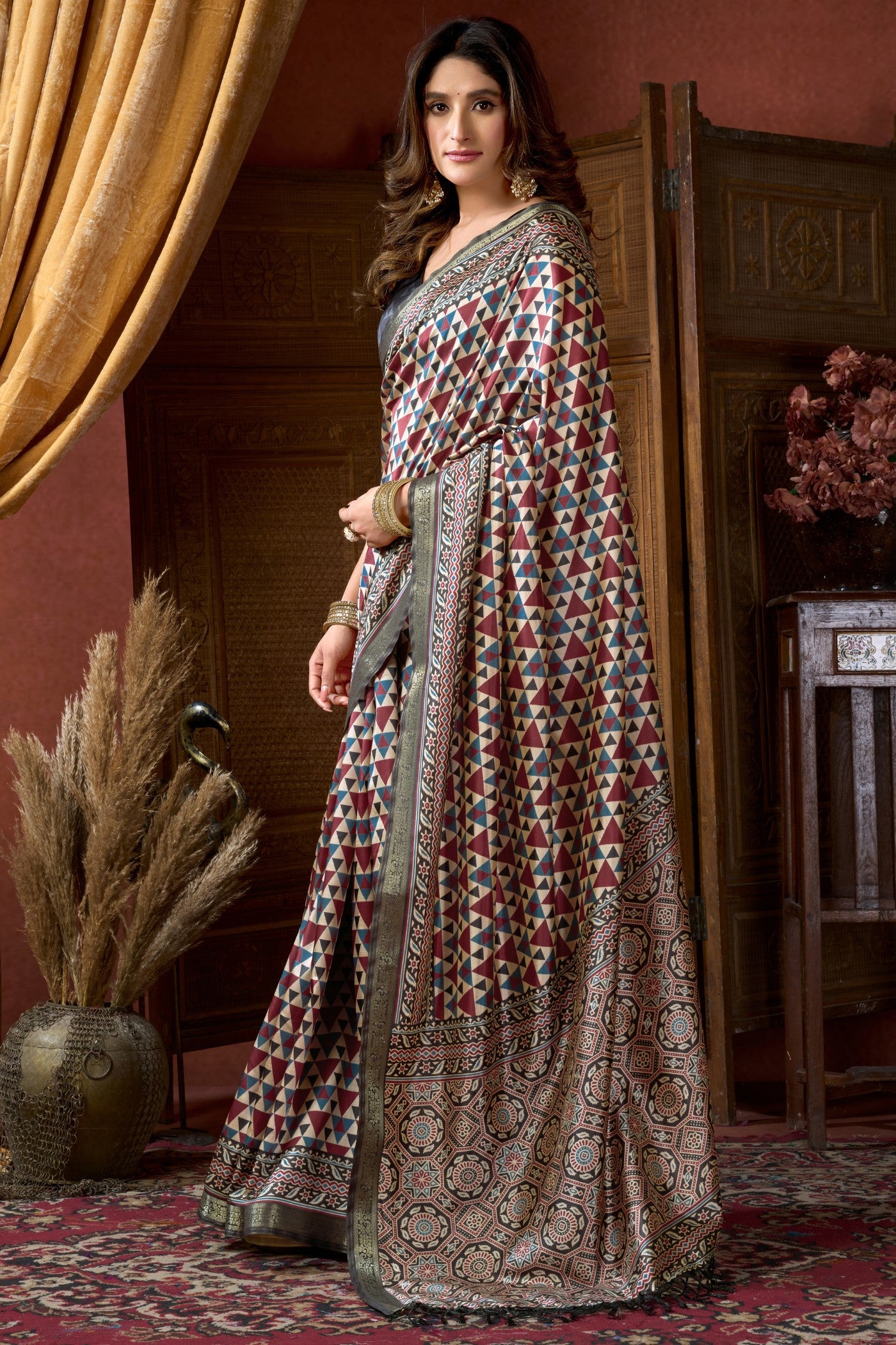 Buy MySilkLove Multicolor White Ajrakh Printed Saree Online