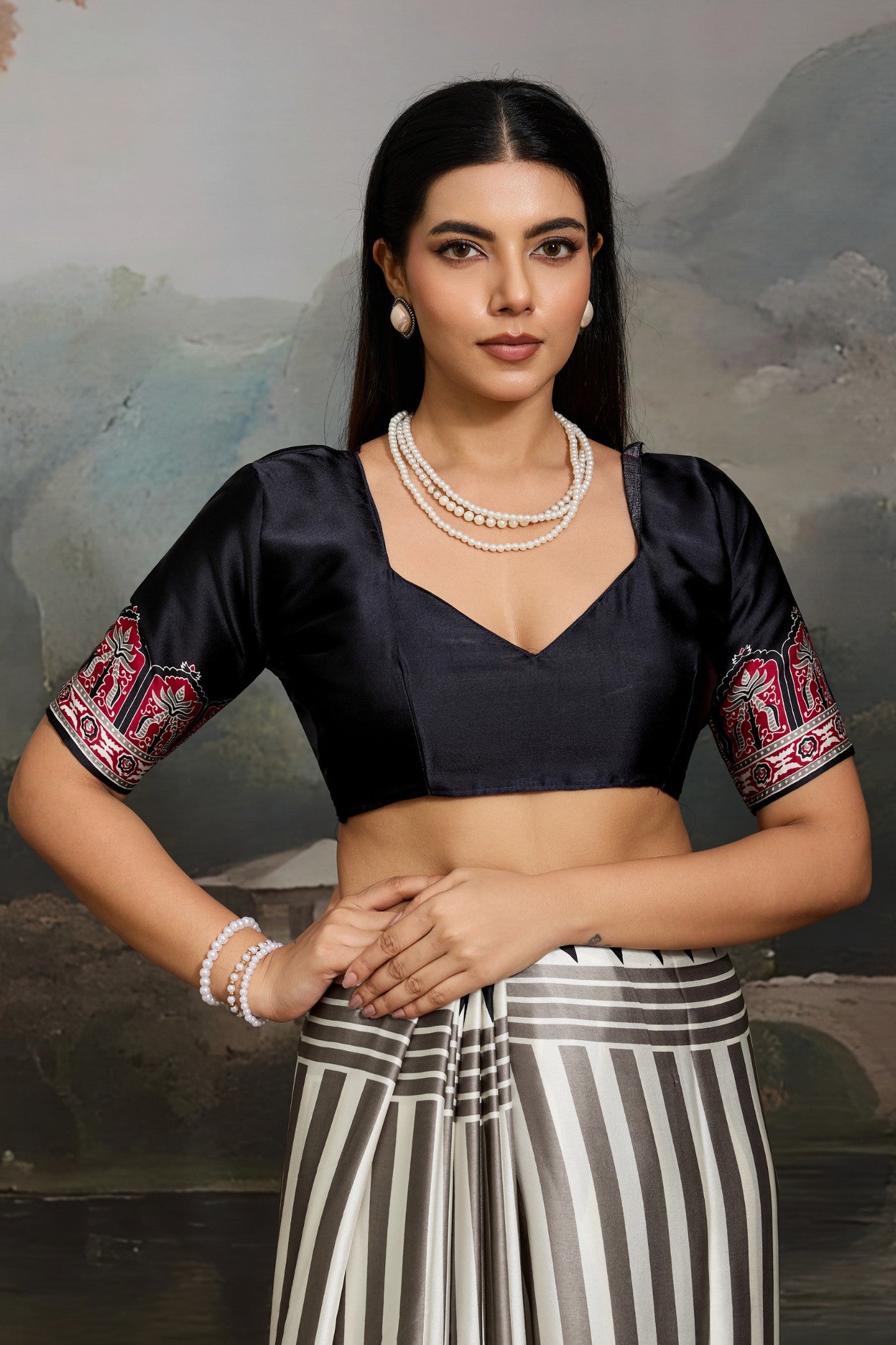 Buy MySilkLove Cornsilk White and Black Ajrakh Printed Satin Crepe Silk Saree Online