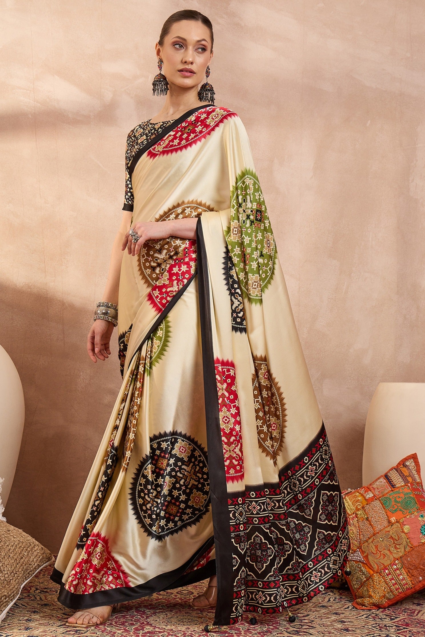 Buy MySilkLove Pastel Cream and Black Modal Ajrakh Printed Silk Saree Online