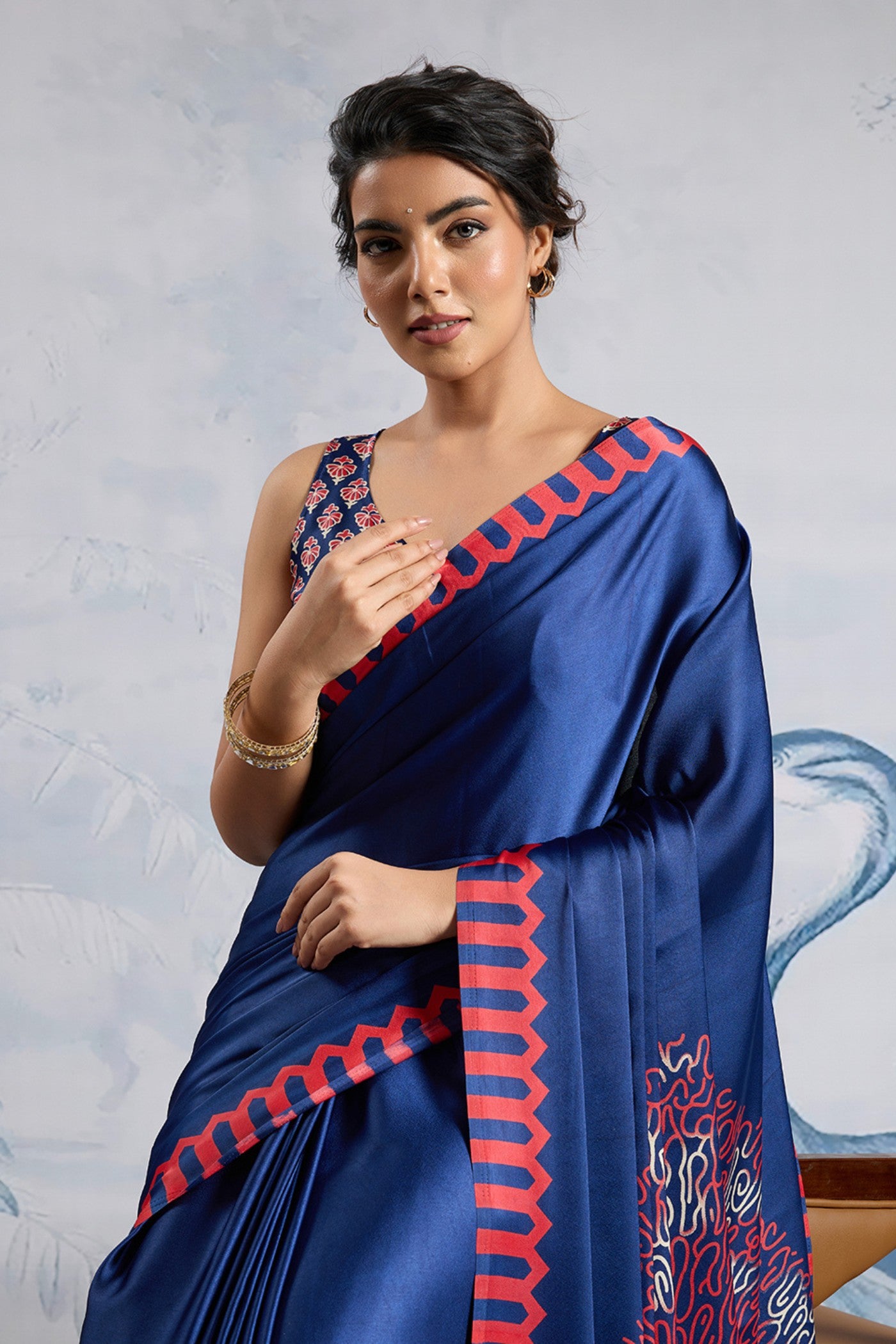 Buy MySilkLove Glacier Blue Printed Satin Crepe Silk Saree Online