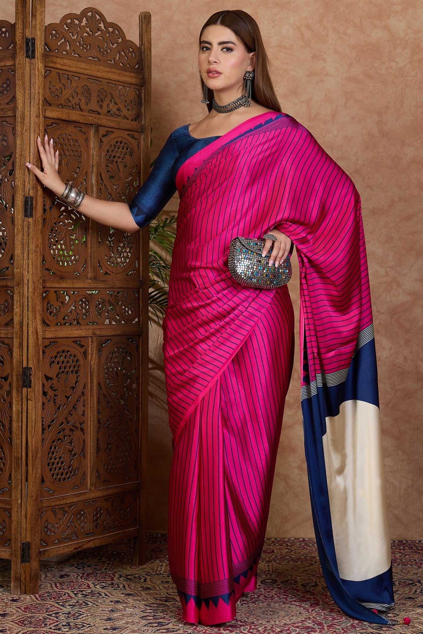 Buy MySilkLove Magenta Pink and Blue Stripe Ajrakh Printed Satin Crepe Silk Saree Online