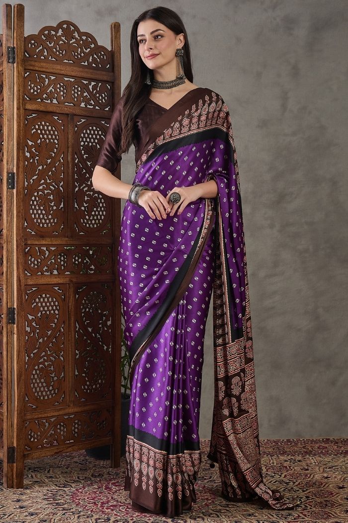 Buy MySilkLove Dark Violet Purple Ajrakh Printed Satin Gaji Silk Saree Online