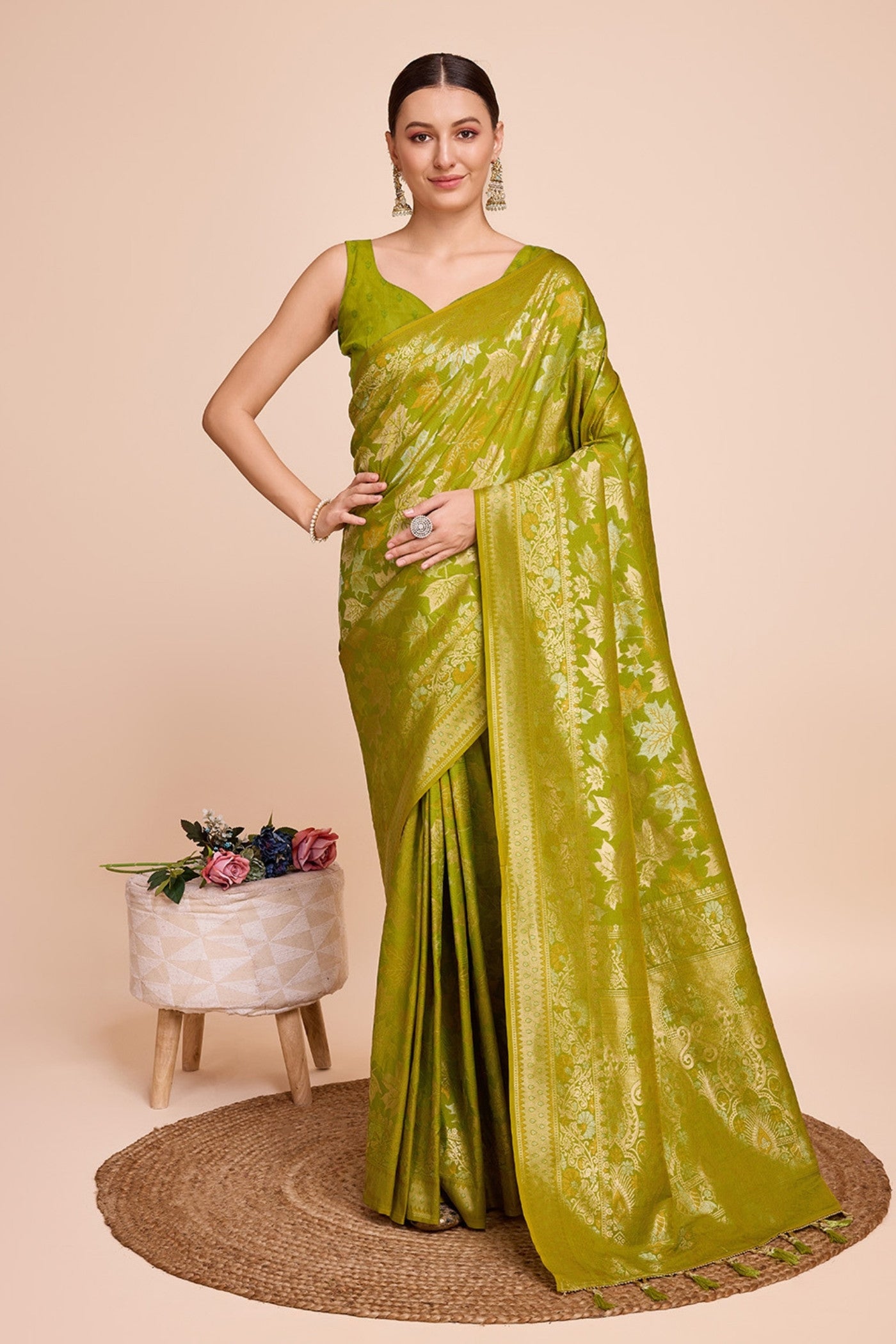 Buy MySilkLove Volt Green Banarasi Soft Silk Saree Online
