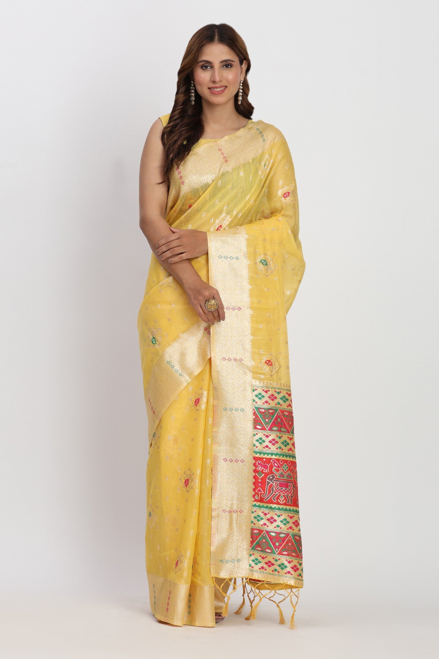 Buy MySilkLove Sunflower Yellow Woven Linen Cotton Saree Online
