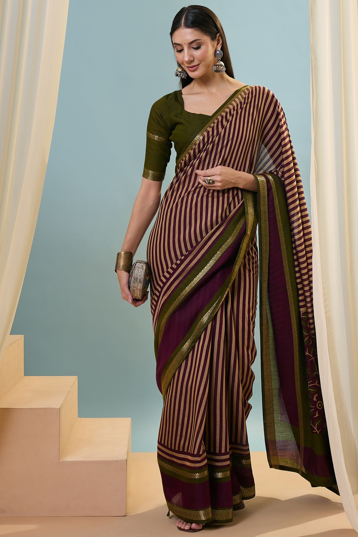 Buy MySilkLove Olive Green Woven Cotton Saree Online