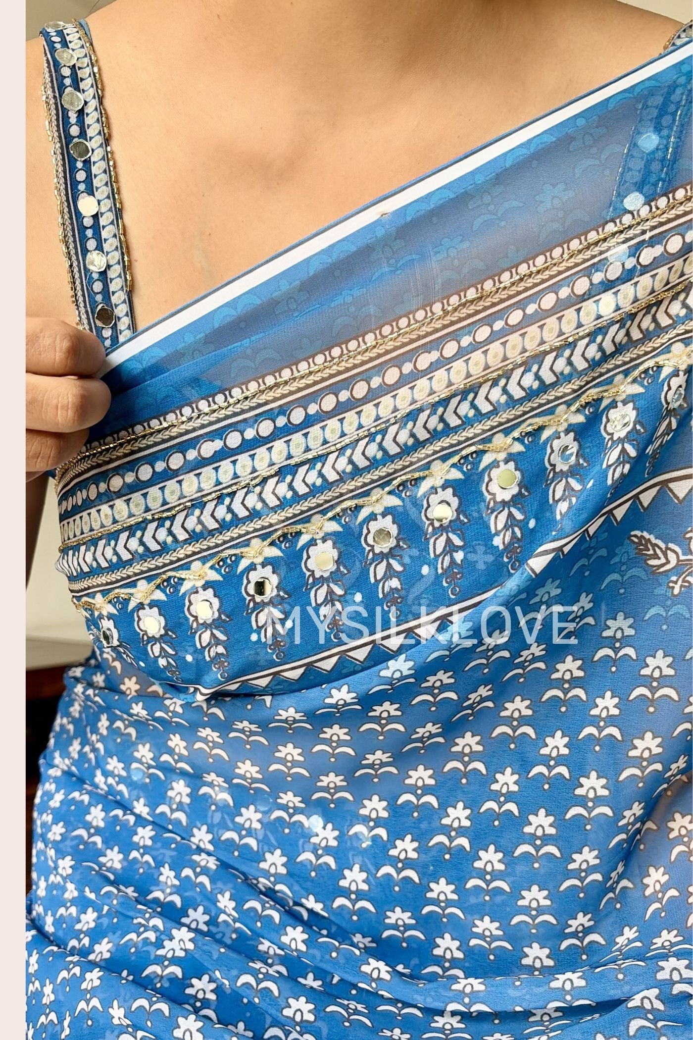 Buy MySilkLove Kareena Kapoor Inspired: Blue Ajrakh Georgette Mirror Work Saree Online